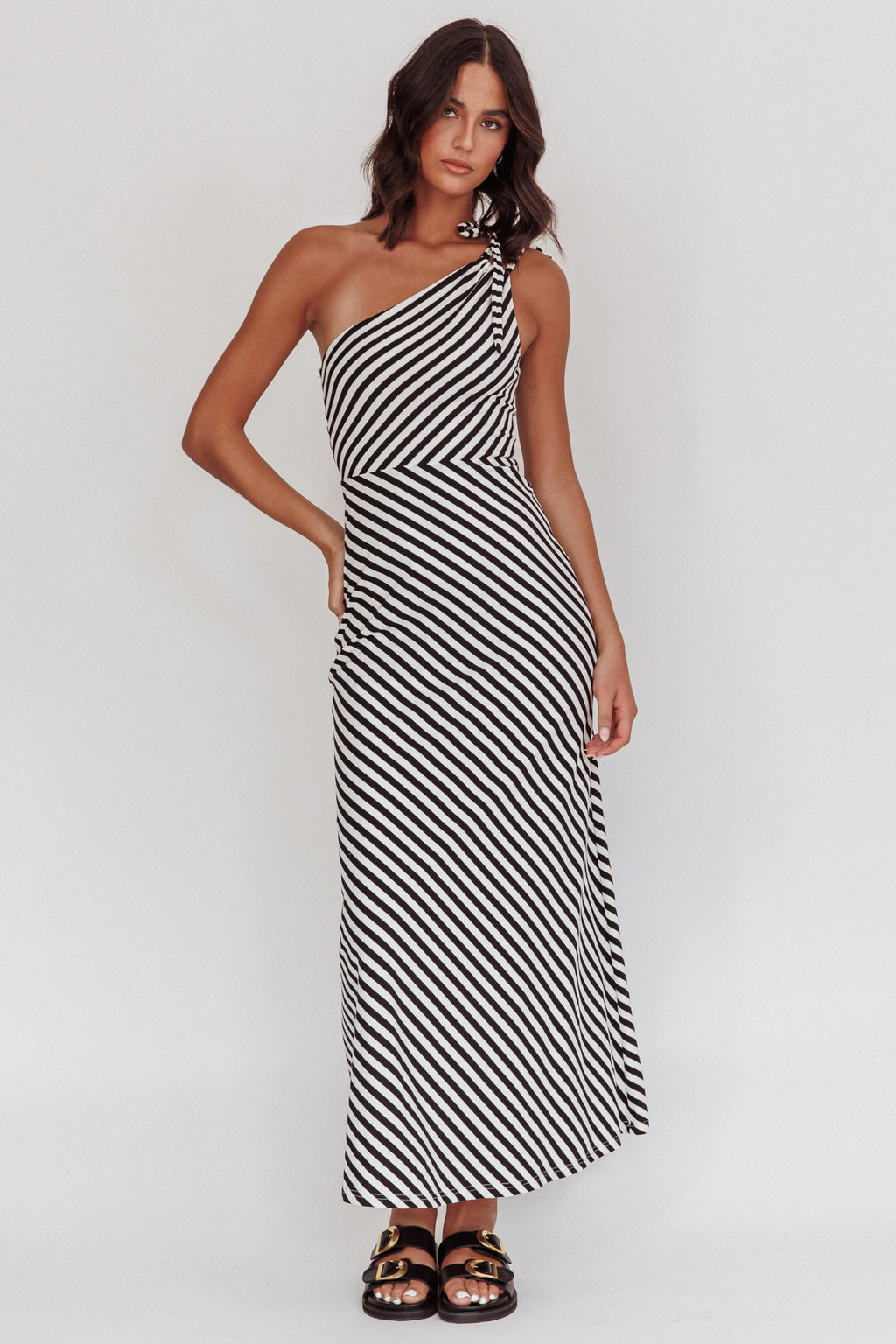 Ocean Road Tied One-Shoulder Maxi Dress Stripe Black by Selfie Leslie Australia
