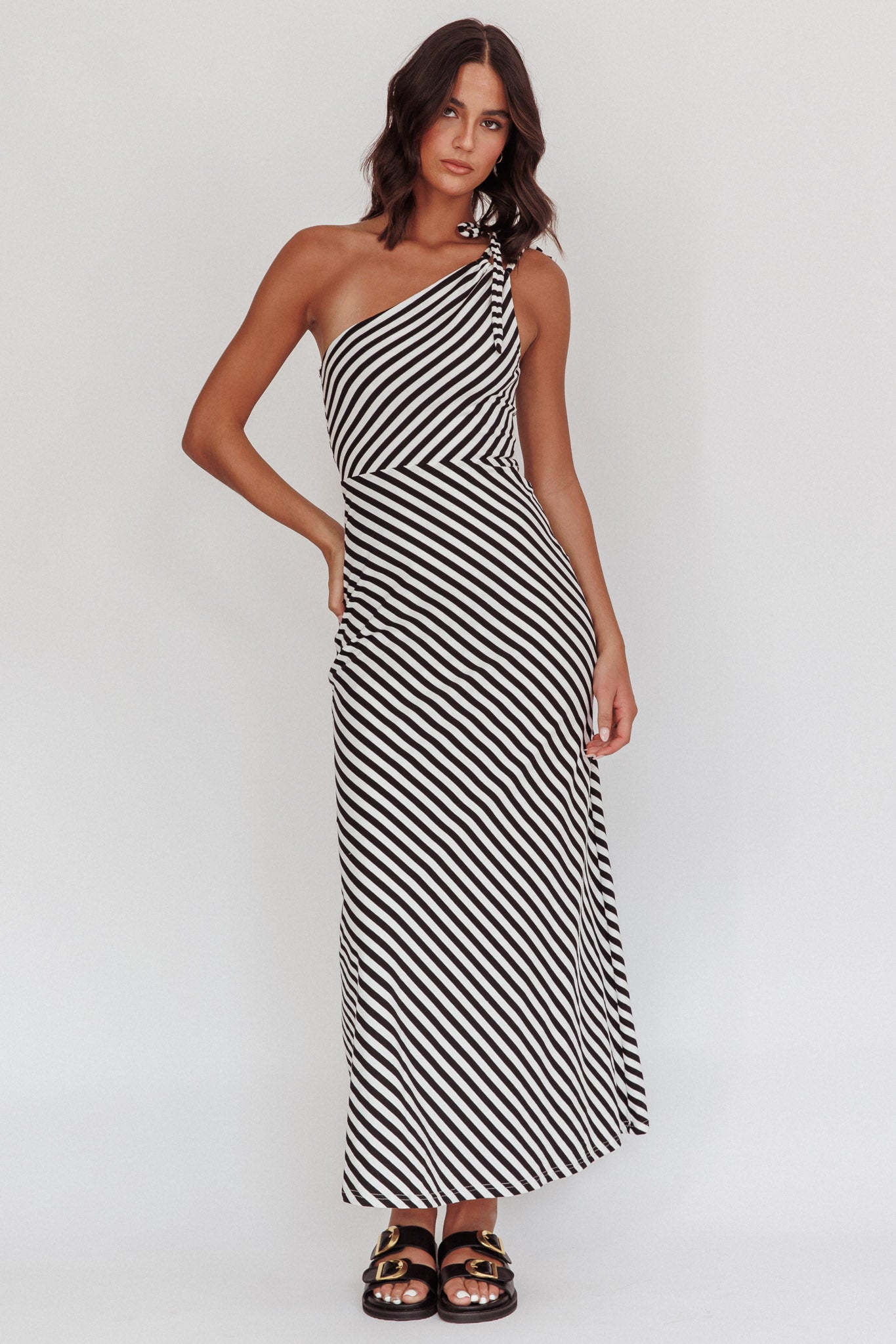 Ocean Road Tied One-Shoulder Maxi Dress Stripe Black by Selfie Leslie Australia