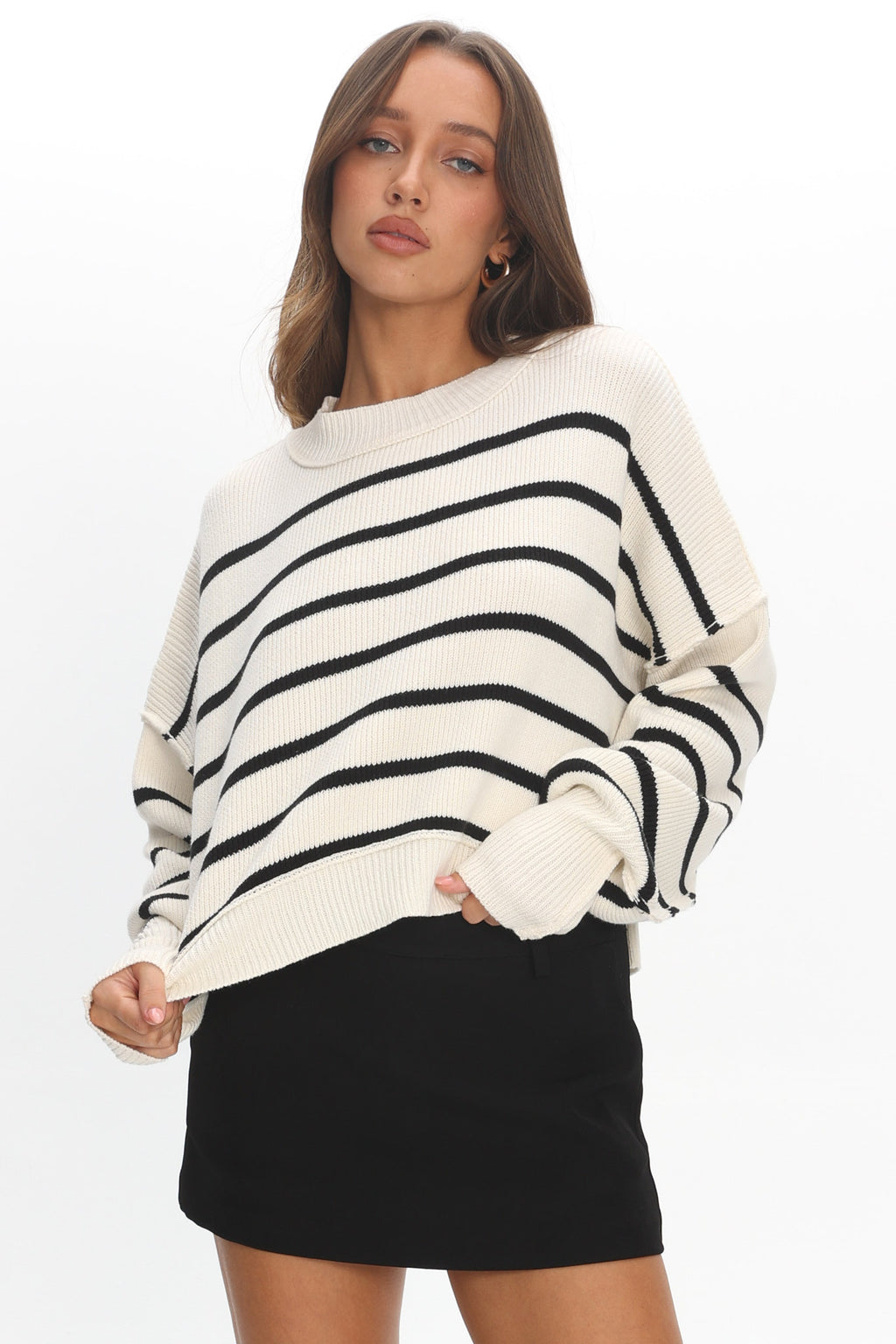 Fly High Drop Shoulder Knit Sweater Stripe Beige by Selfie Leslie Australia