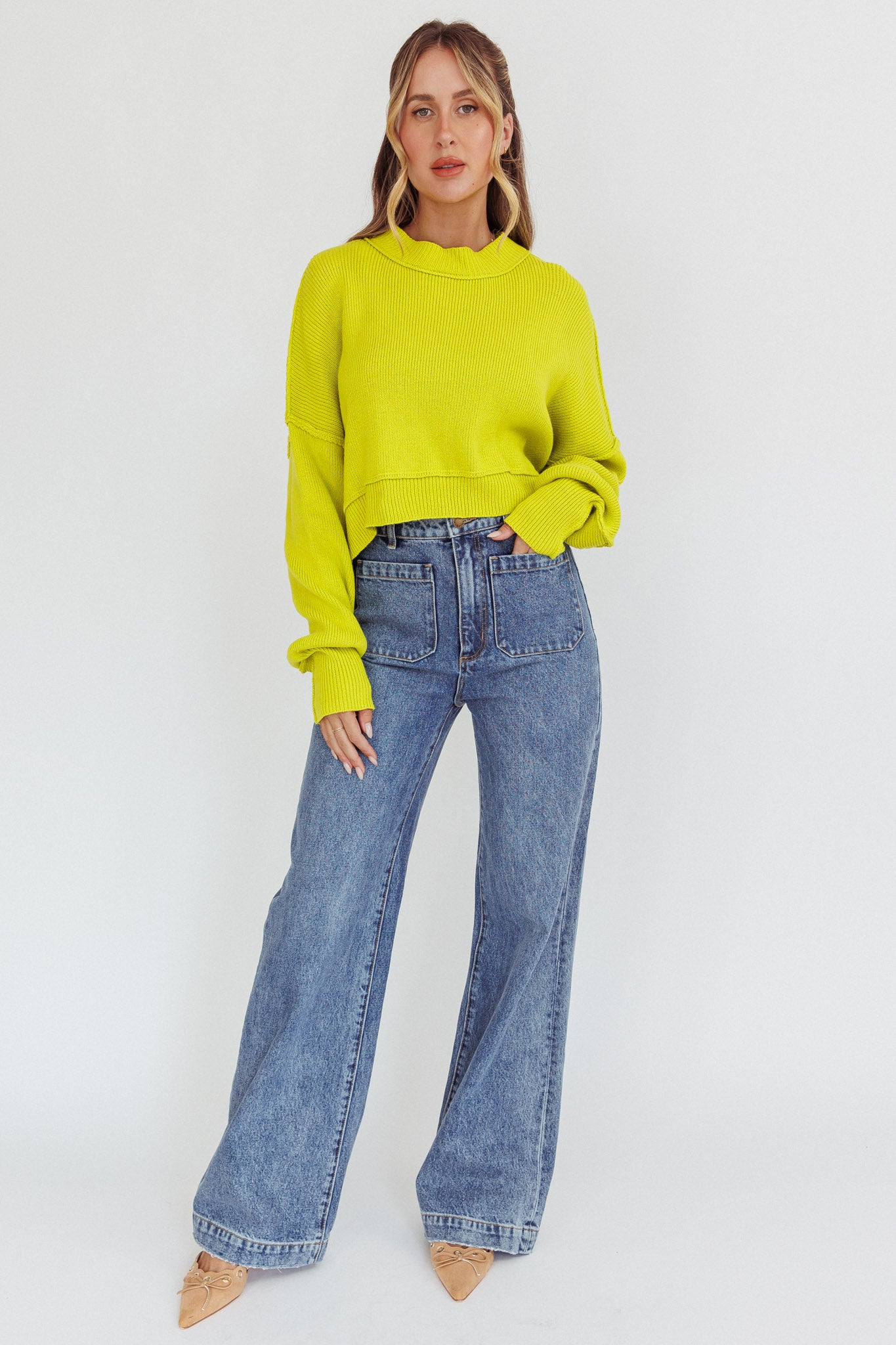 Morning Frost Crop Ribbed Knit Sweater Green by Selfie Leslie Australia