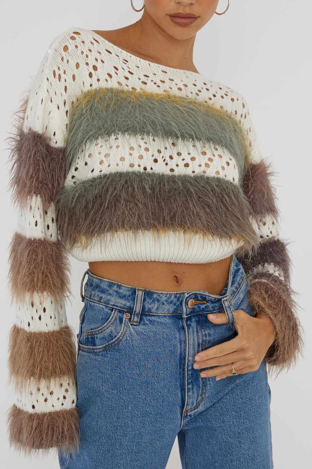 Borealis Fur Trim Knit Sweater Brown by Selfie Leslie Australia