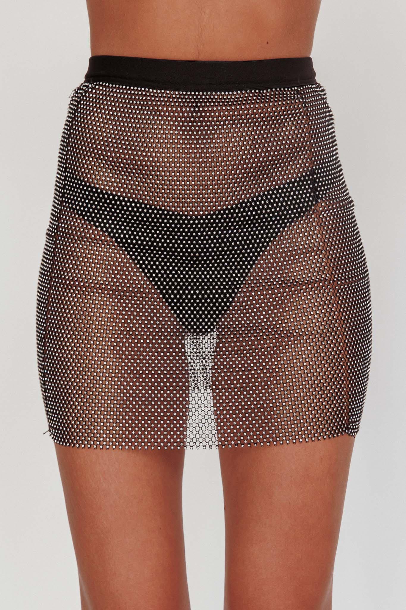 Glamazon Rhinestone Mesh Mini Skirt Black by Selfie Leslie Australia