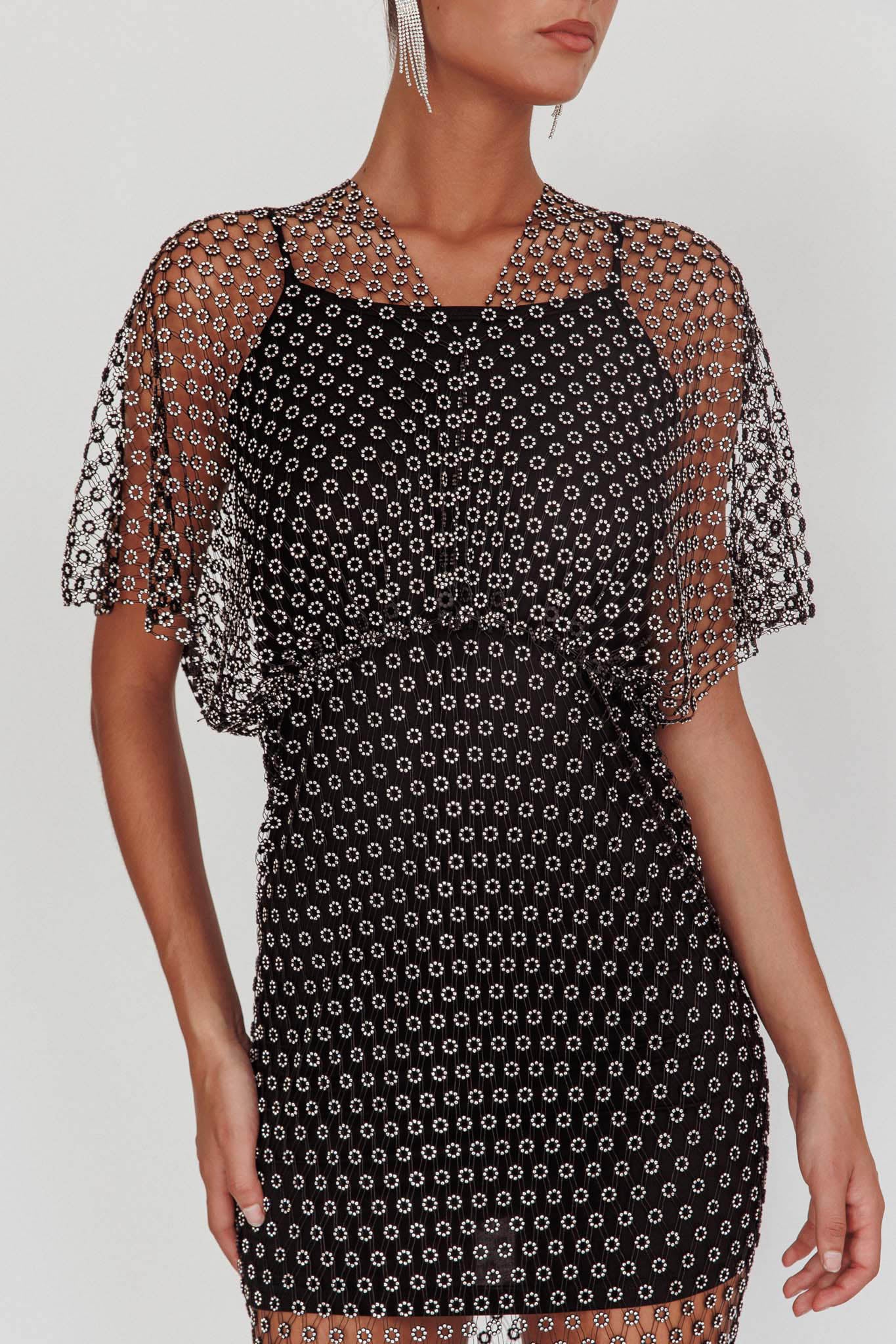 Astra Diamante Fishnet Midi Dress Black by Selfie Leslie Australia