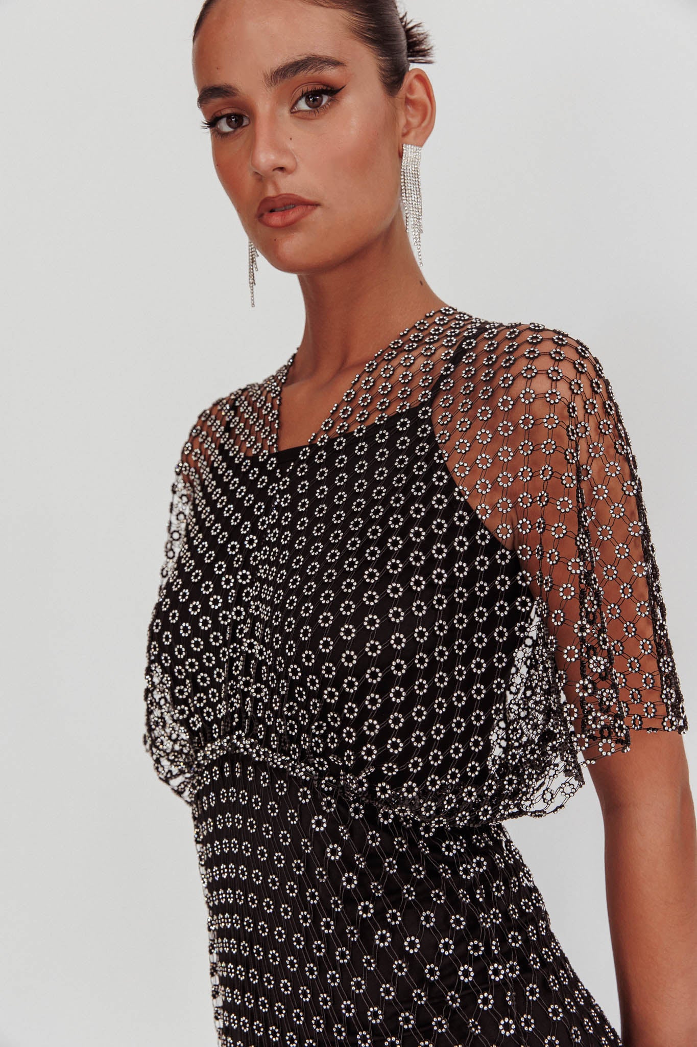 Astra Diamante Fishnet Midi Dress Black by Selfie Leslie Australia