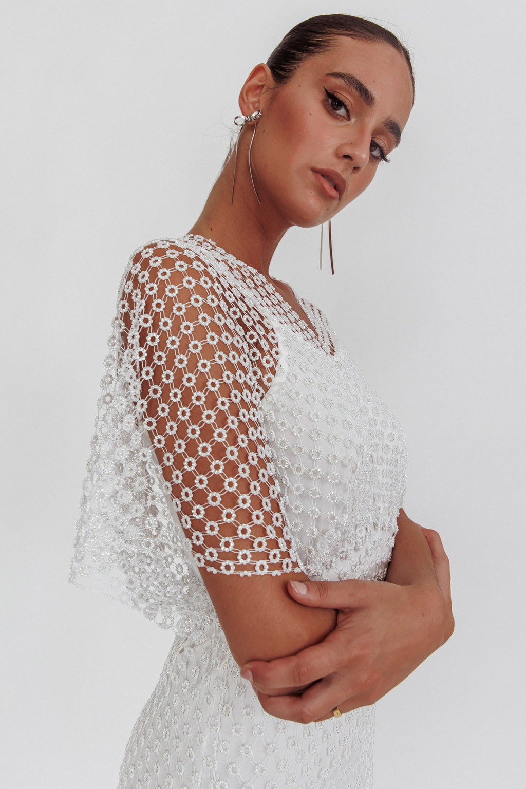 Astra Diamante Fishnet Midi Dress White by Selfie Leslie Australia