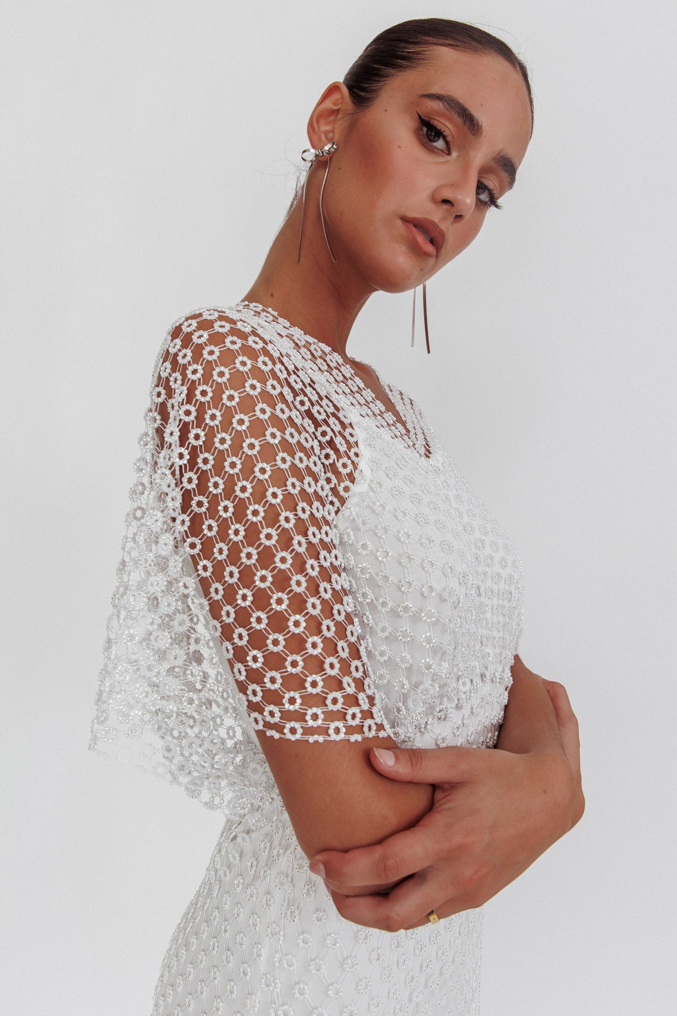 Astra Diamante Fishnet Midi Dress White by Selfie Leslie Australia
