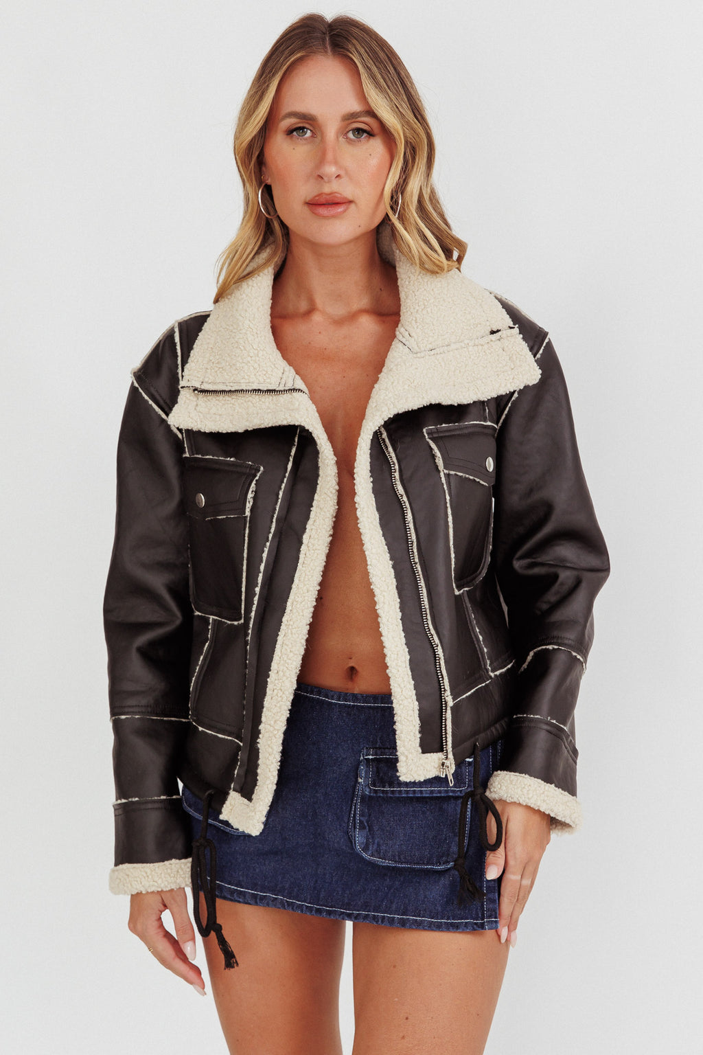 Davis Drawstring Hem Sherpa Jacket Black by Selfie Leslie Australia