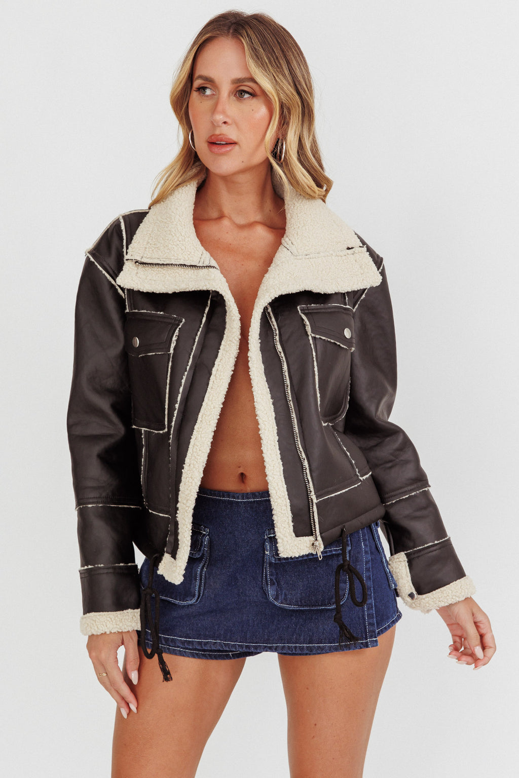 Davis Drawstring Hem Sherpa Jacket Black by Selfie Leslie Australia