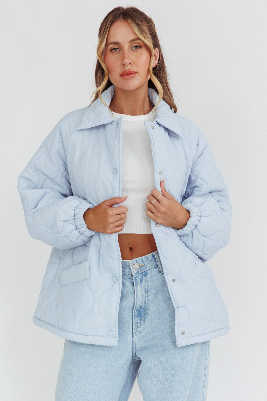 By The Fireplace Quilted Puffer Jacket Baby Blue by Selfie Leslie Australia