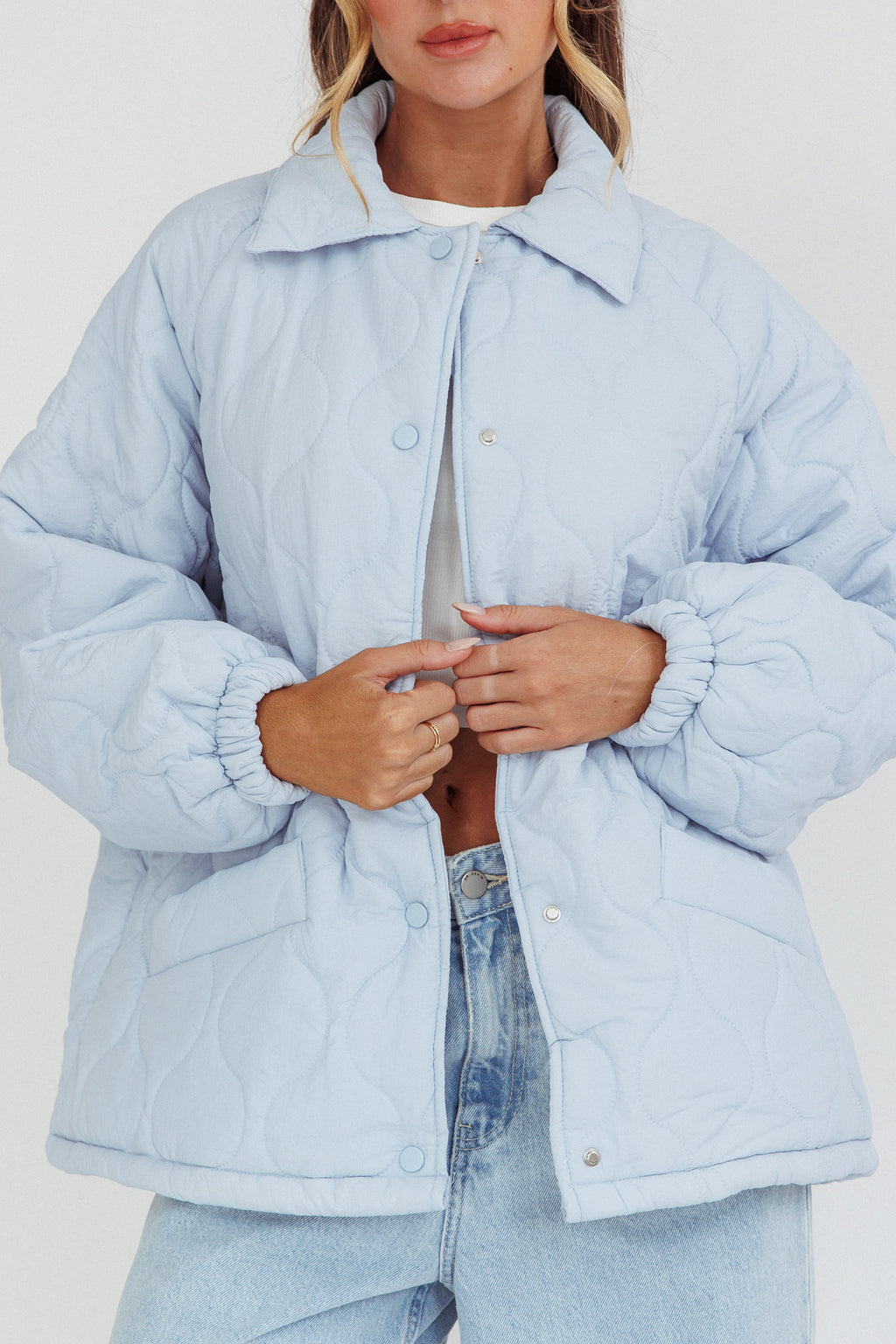 By The Fireplace Quilted Puffer Jacket Baby Blue by Selfie Leslie Australia