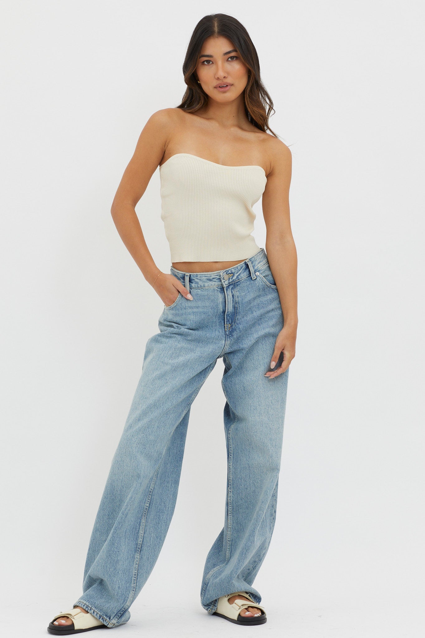 Flora Strapless Knit Top Cream by Selfie Leslie Australia