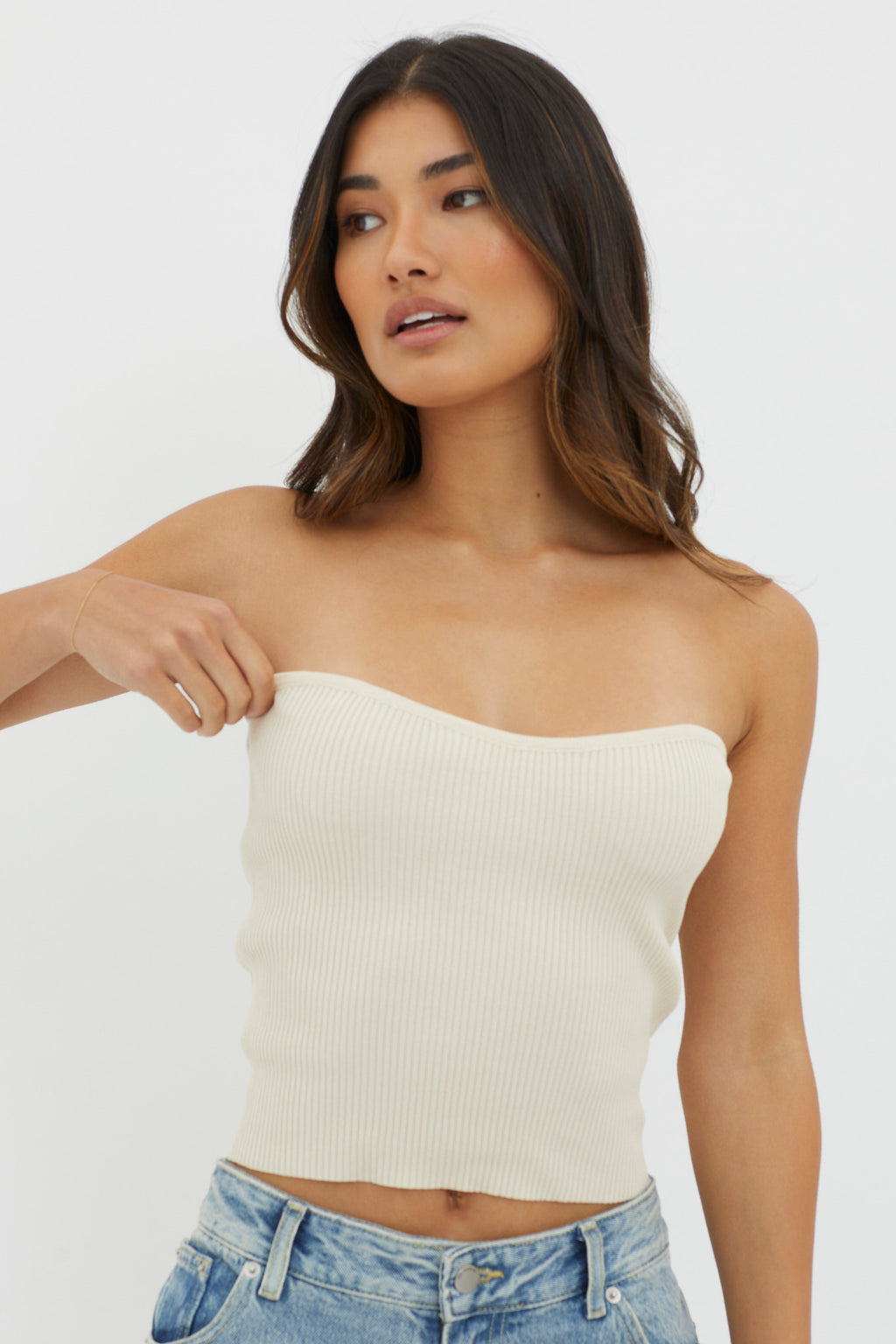 Flora Strapless Knit Top Cream by Selfie Leslie Australia