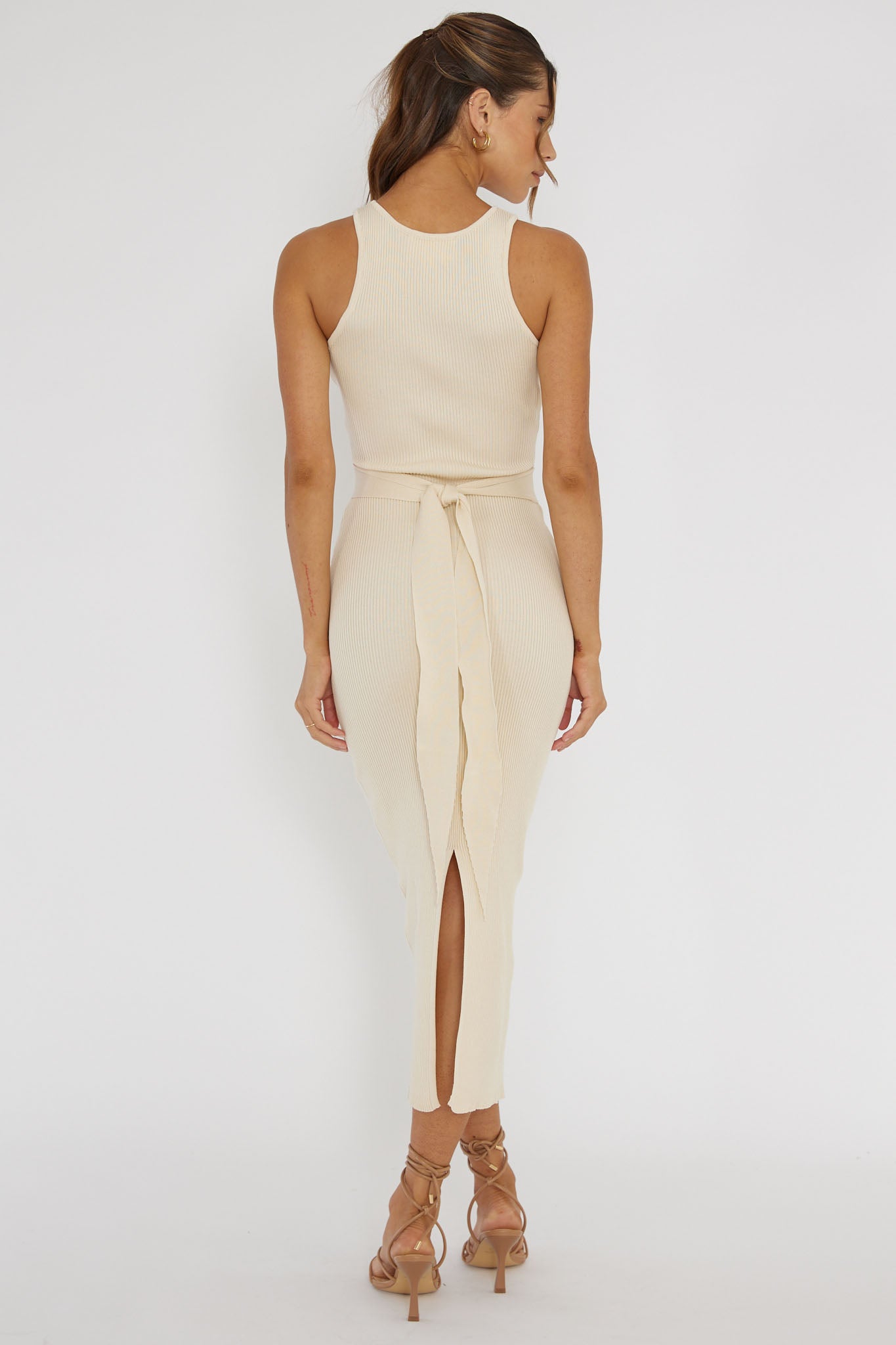 Charmed Me Ribbed Knit Midi Dress Cream by Selfie Leslie Australia