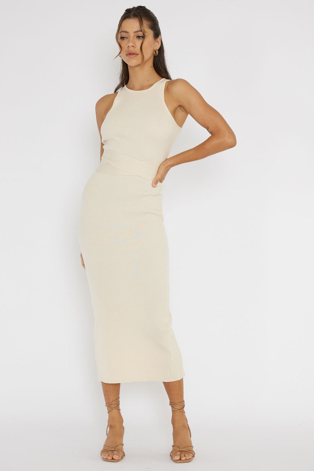 Charmed Me Ribbed Knit Midi Dress Cream by Selfie Leslie Australia