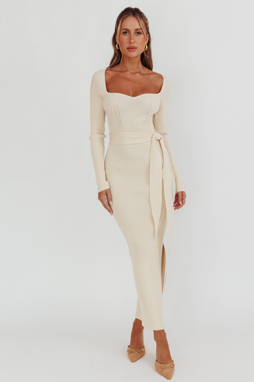 Twilight Moments Long Sleeve Knit Dress Cream by Selfie Leslie Australia