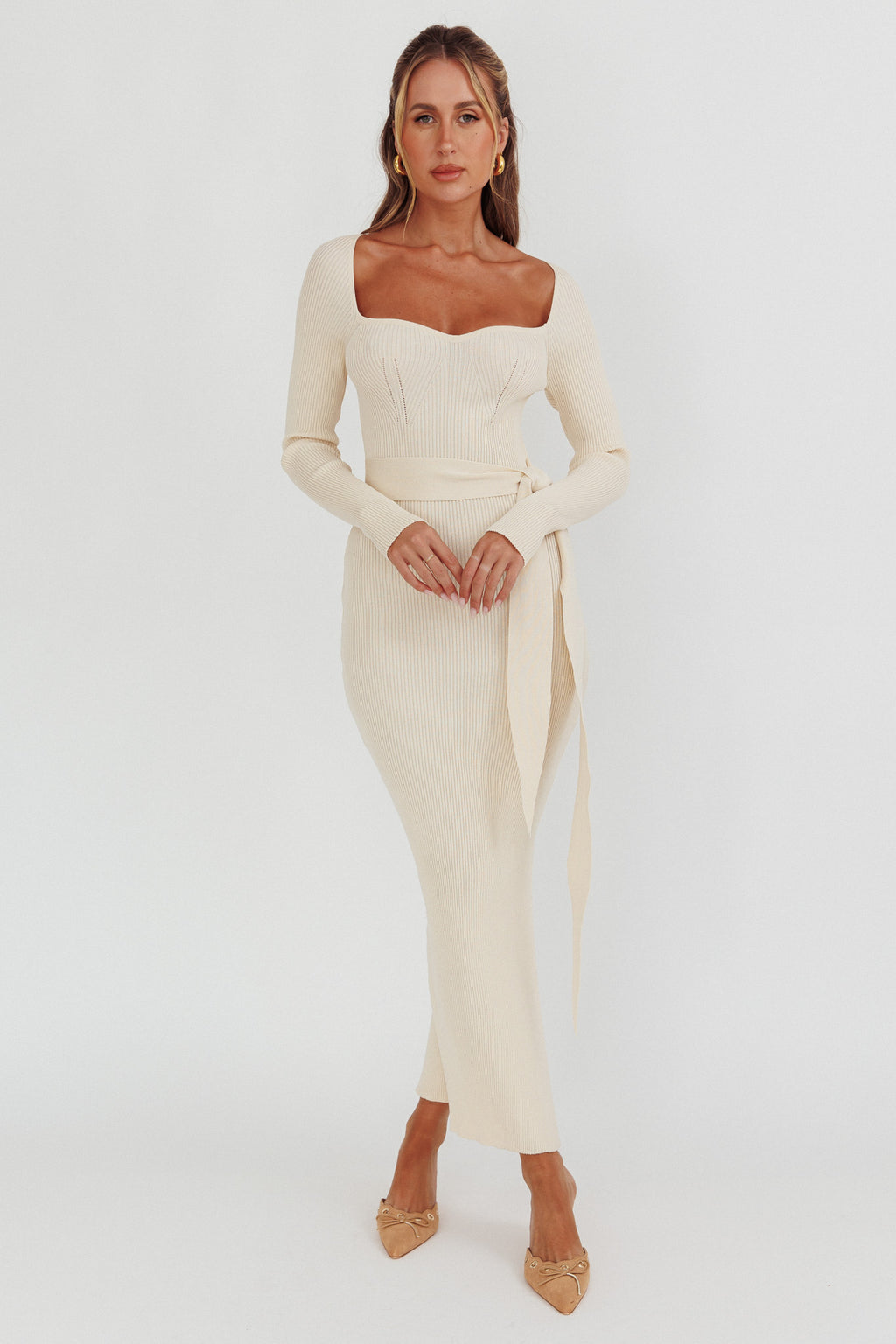 Twilight Moments Long Sleeve Knit Dress Cream by Selfie Leslie Australia