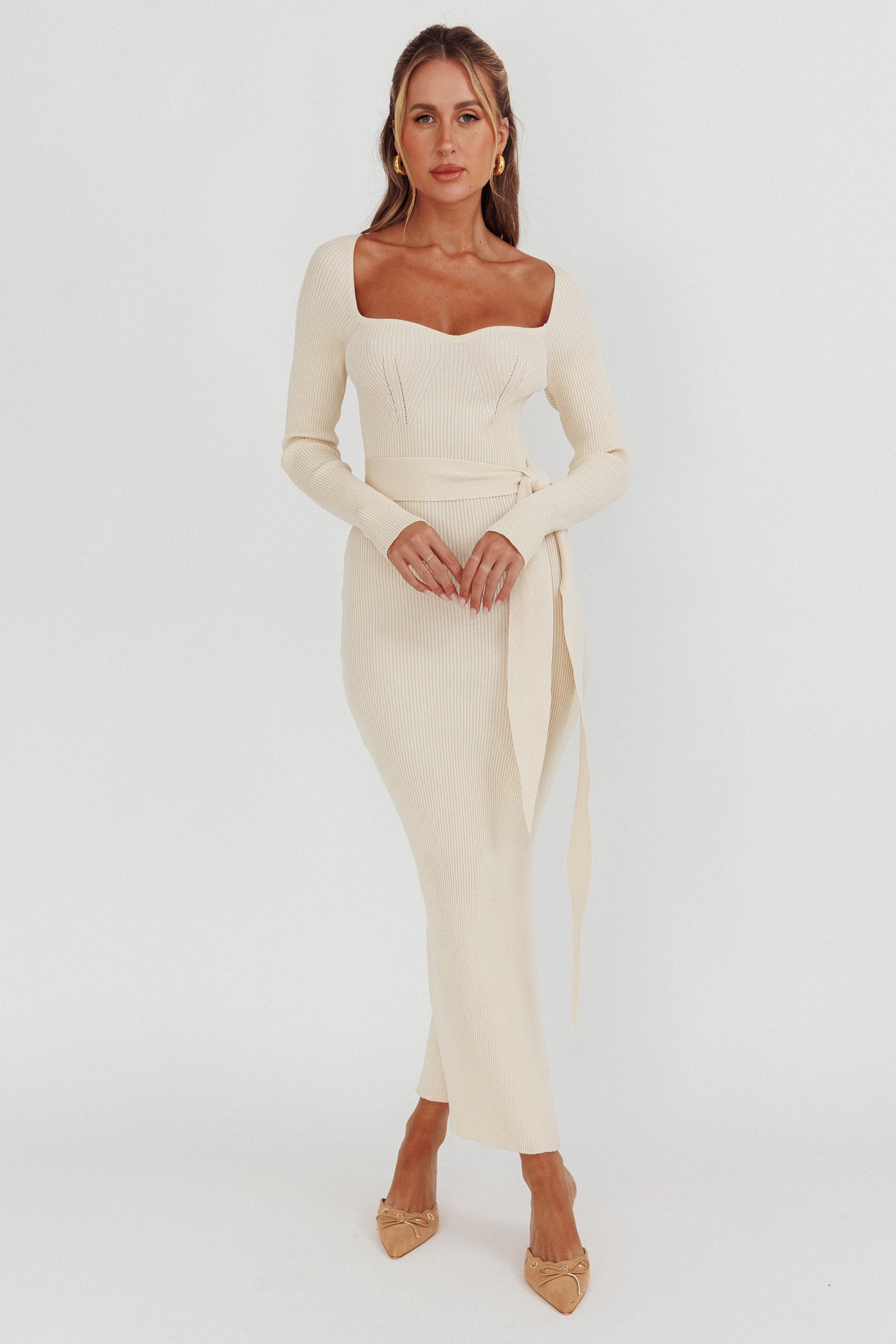 Twilight Moments Long Sleeve Knit Dress Cream by Selfie Leslie Australia