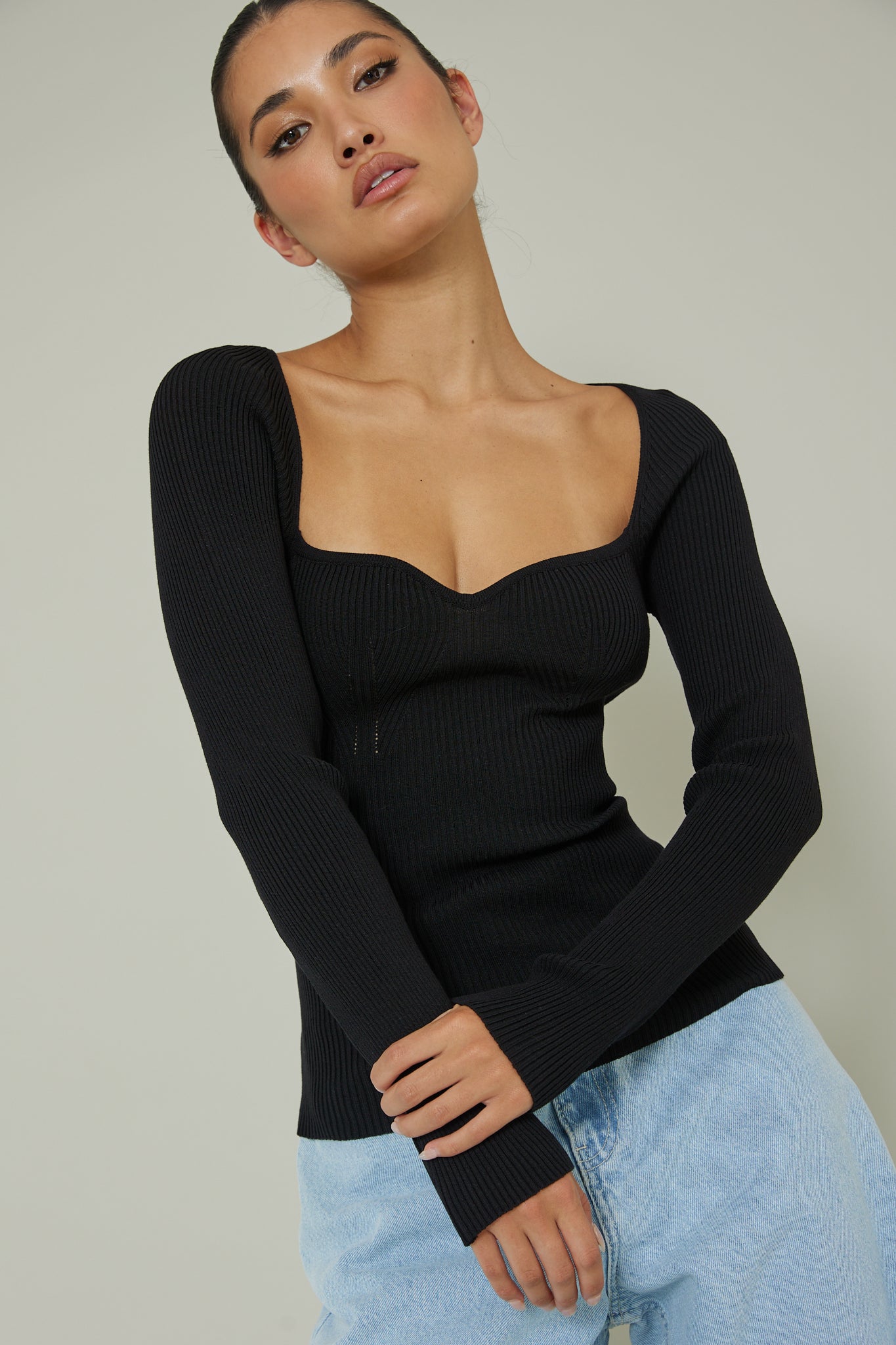 Switch Focus Long Sleeve Knit Top Black by Selfie Leslie Australia