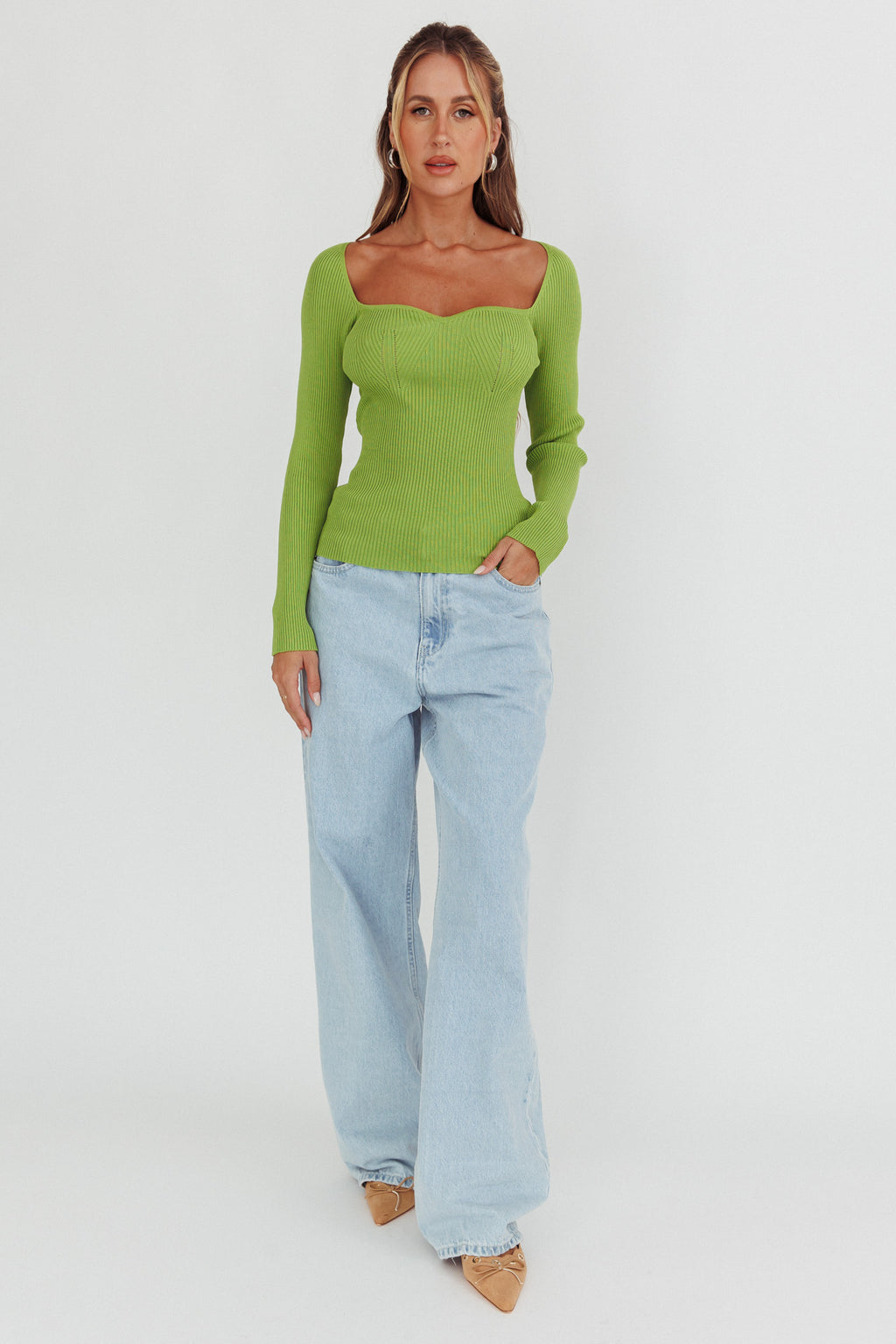 Switch Focus Long Sleeve Knit Top Matcha by Selfie Leslie Australia