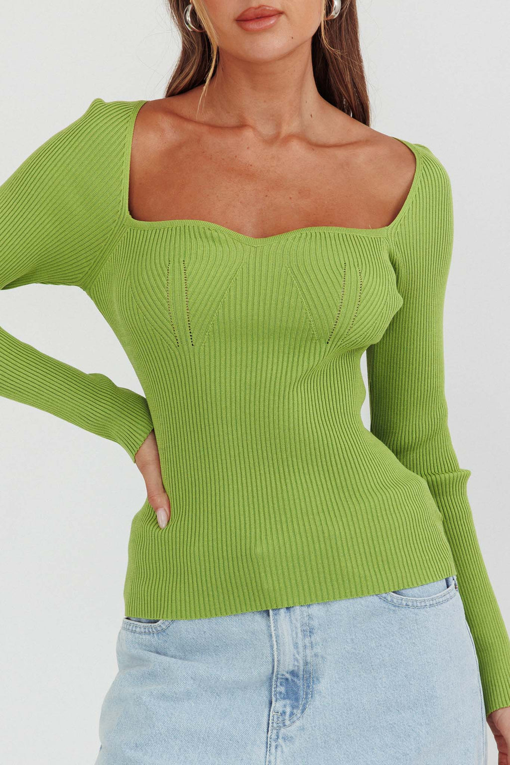 Switch Focus Long Sleeve Knit Top Matcha by Selfie Leslie Australia