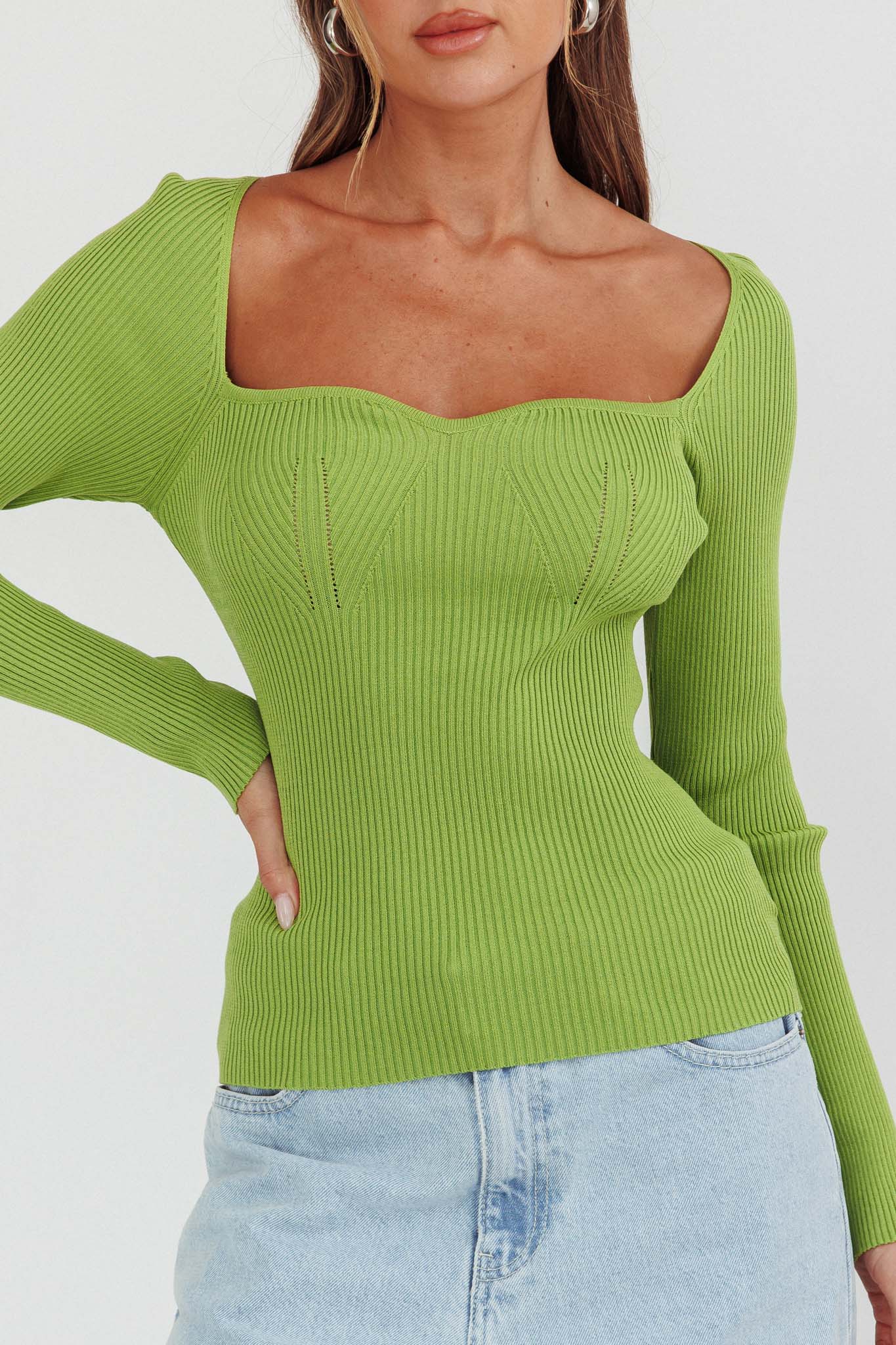 Switch Focus Long Sleeve Knit Top Matcha by Selfie Leslie Australia