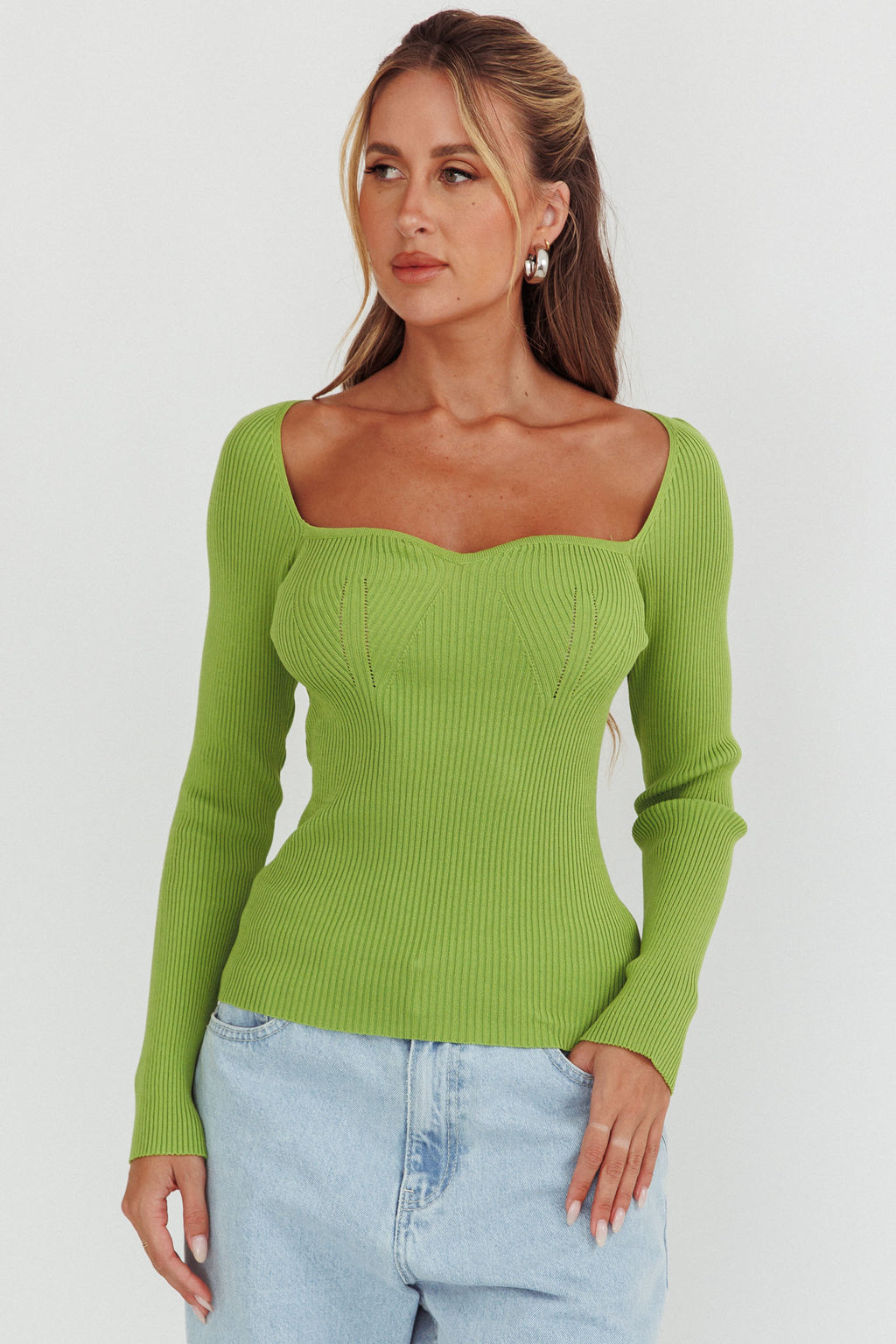 Switch Focus Long Sleeve Knit Top Matcha by Selfie Leslie Australia