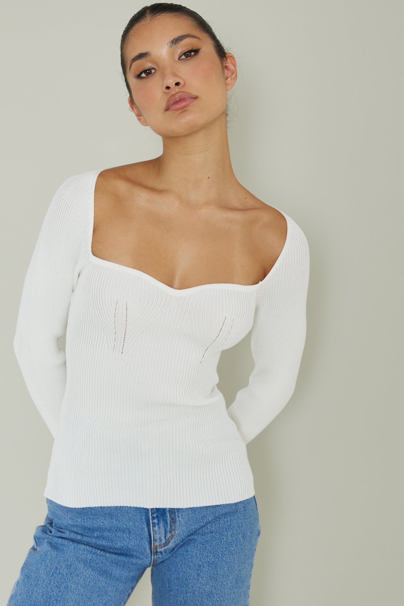 Switch Focus Long Sleeve Knit Top White by Selfie Leslie Australia