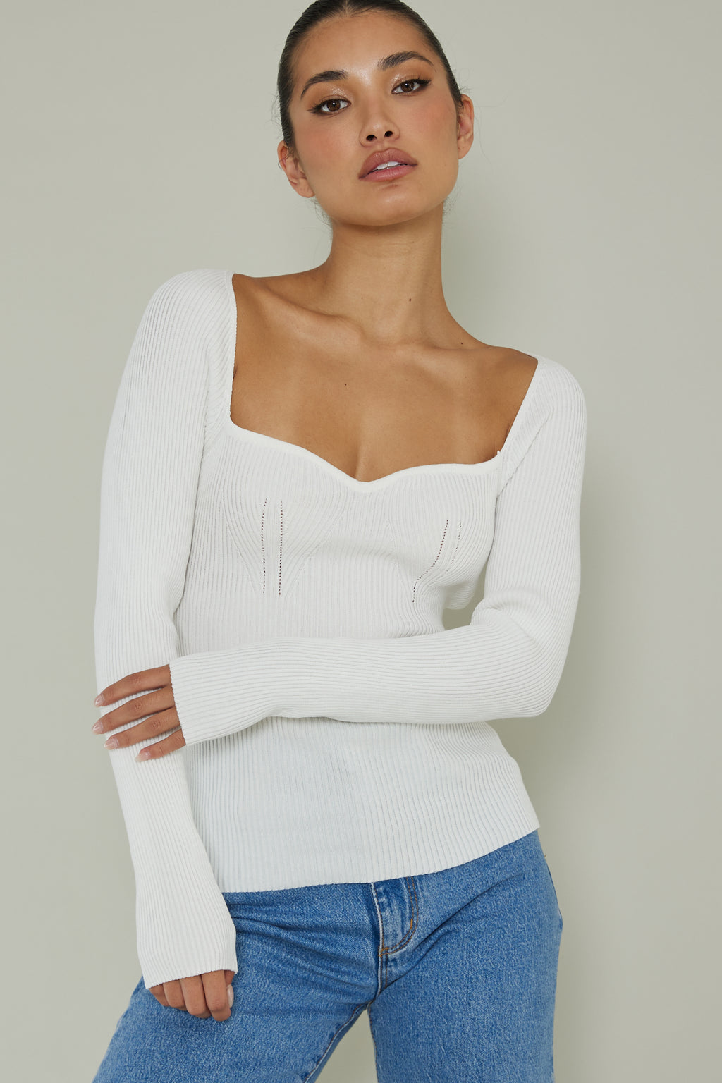Switch Focus Long Sleeve Knit Top White by Selfie Leslie Australia