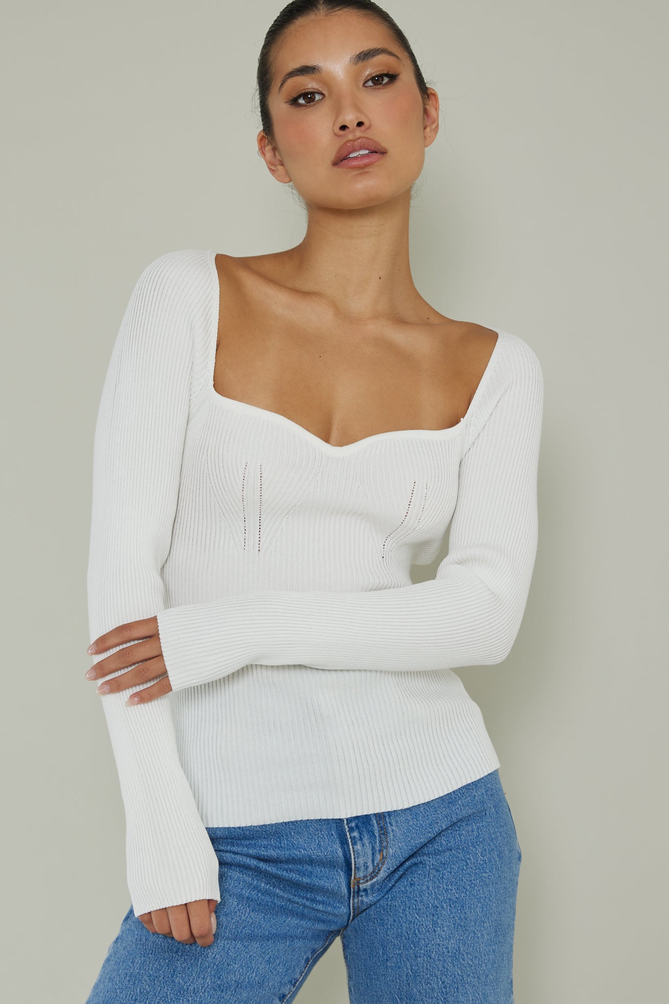 Switch Focus Long Sleeve Knit Top White by Selfie Leslie Australia