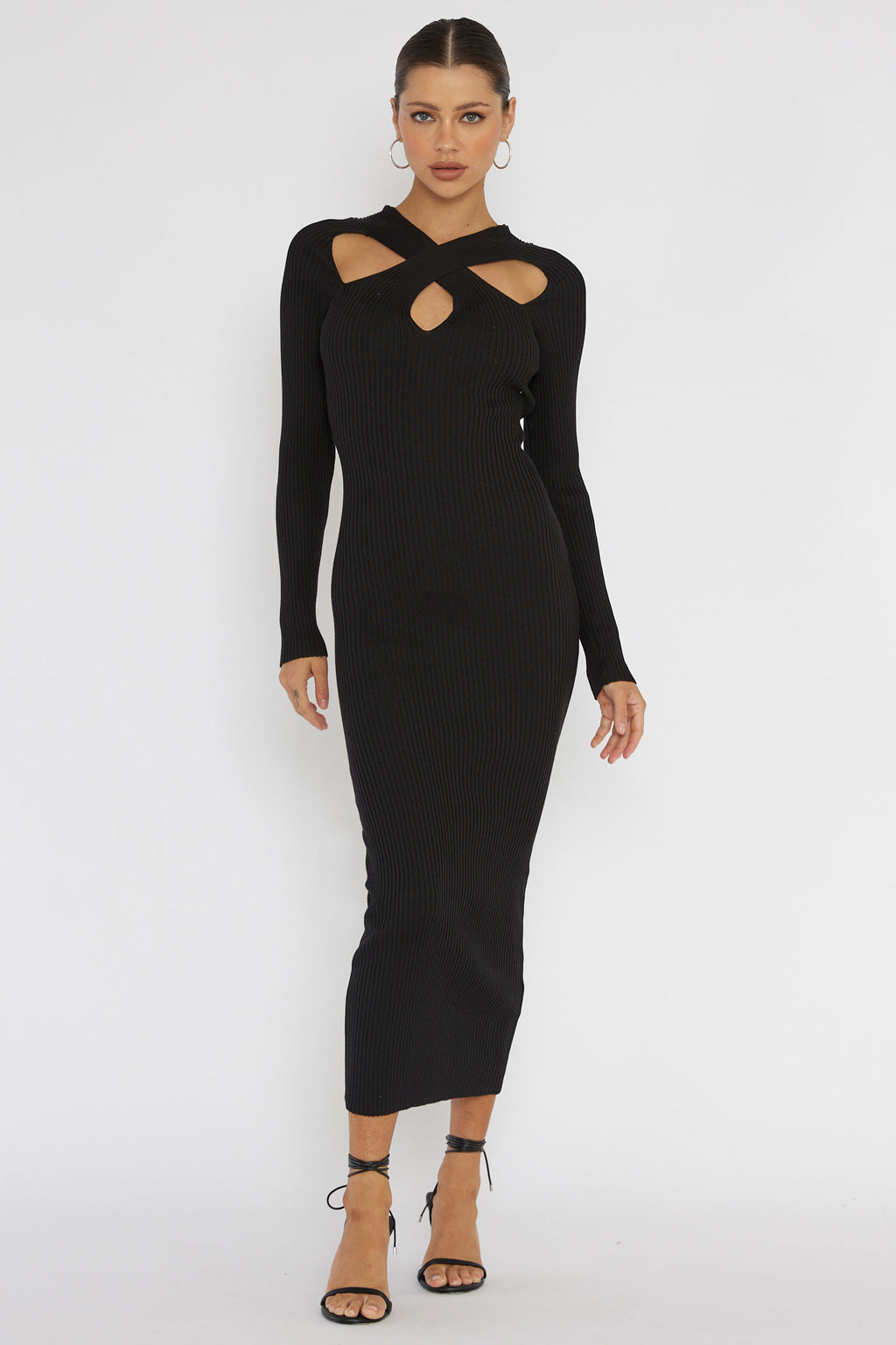 One Mind Cut-Out Neckline Knit Midi Dress Black by Selfie Leslie Australia