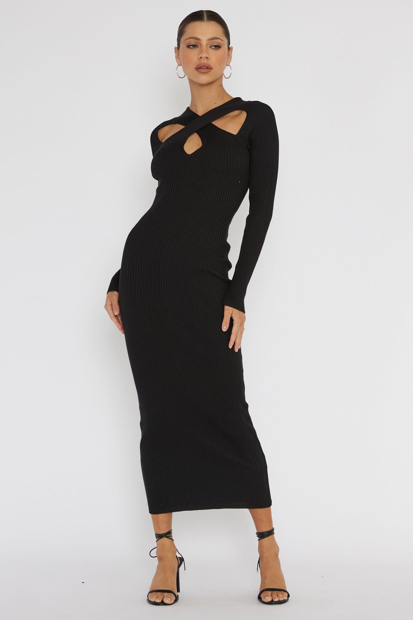 One Mind Cut-Out Neckline Knit Midi Dress Black by Selfie Leslie Australia