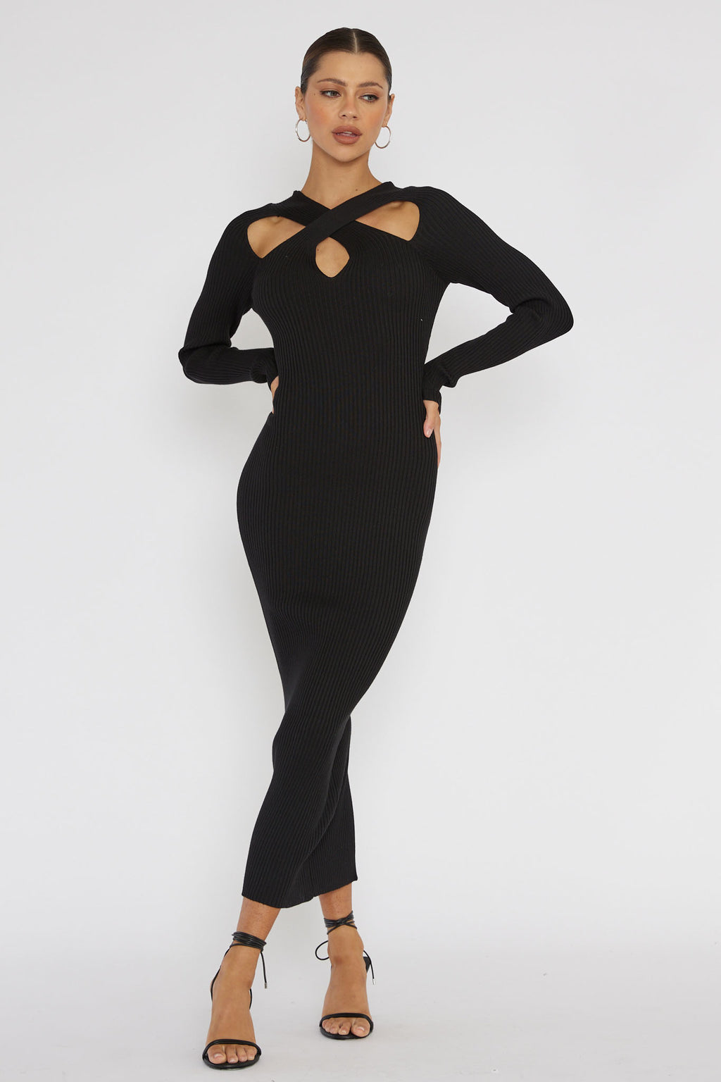 One Mind Cut-Out Neckline Knit Midi Dress Black by Selfie Leslie Australia
