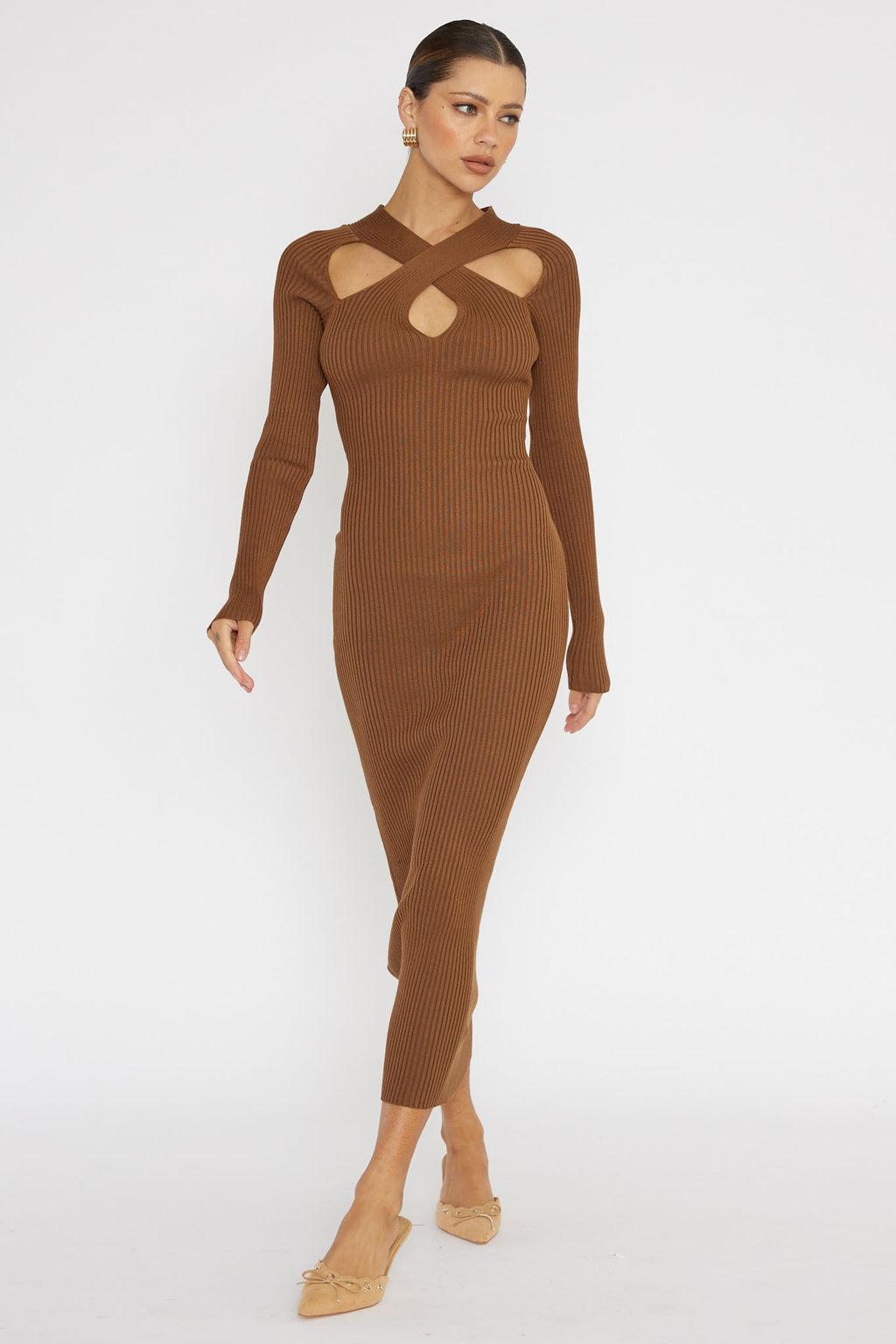 One Mind Cut-Out Neckline Knit Midi Dress Chocolate by Selfie Leslie Australia