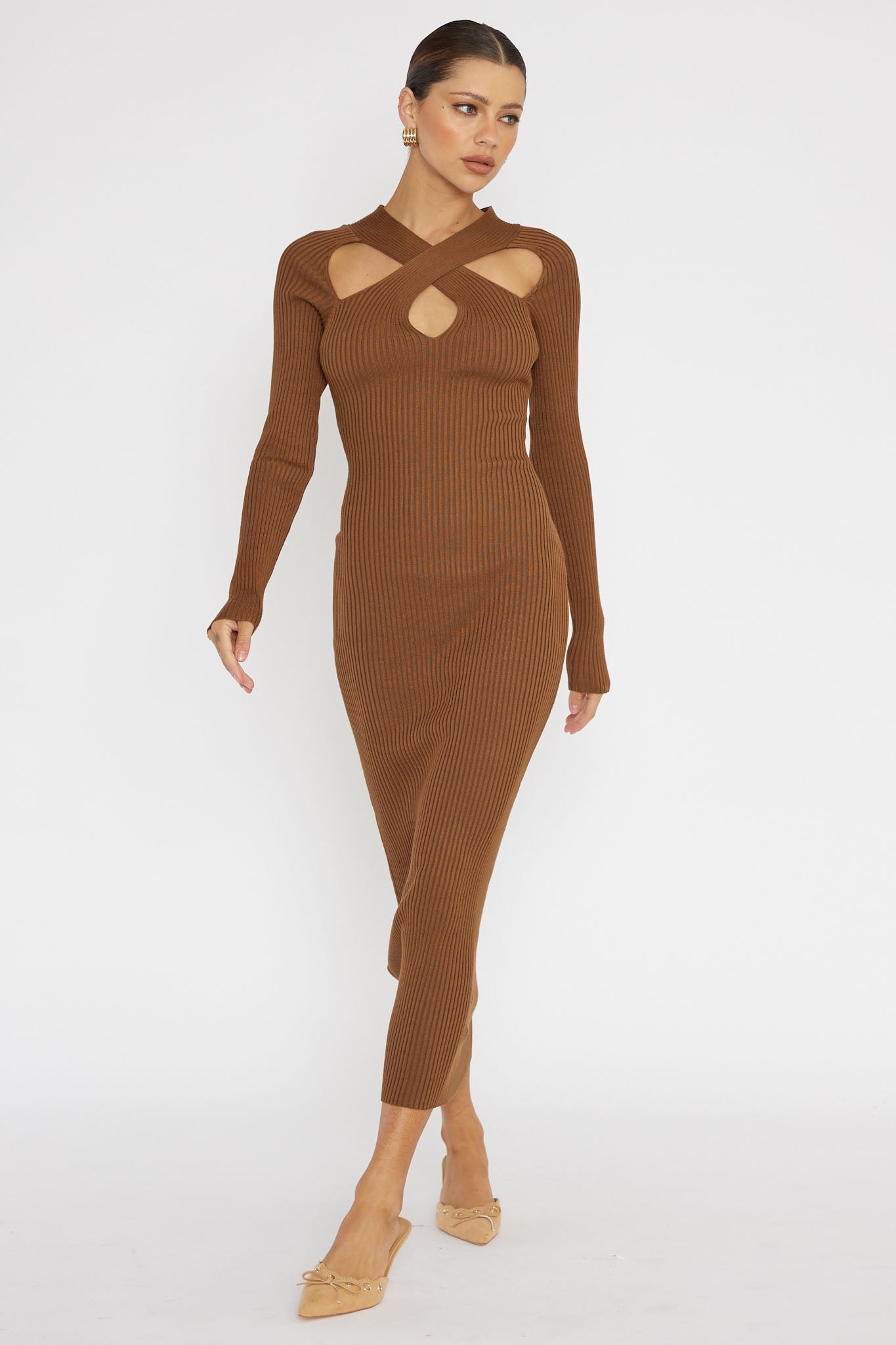 One Mind Cut-Out Neckline Knit Midi Dress Chocolate by Selfie Leslie Australia