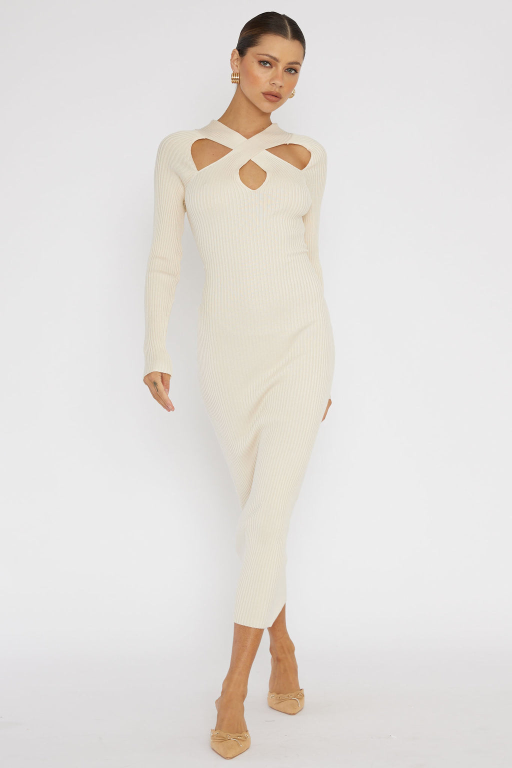 One Mind Cut-Out Neckline Knit Midi Dress Cream by Selfie Leslie Australia