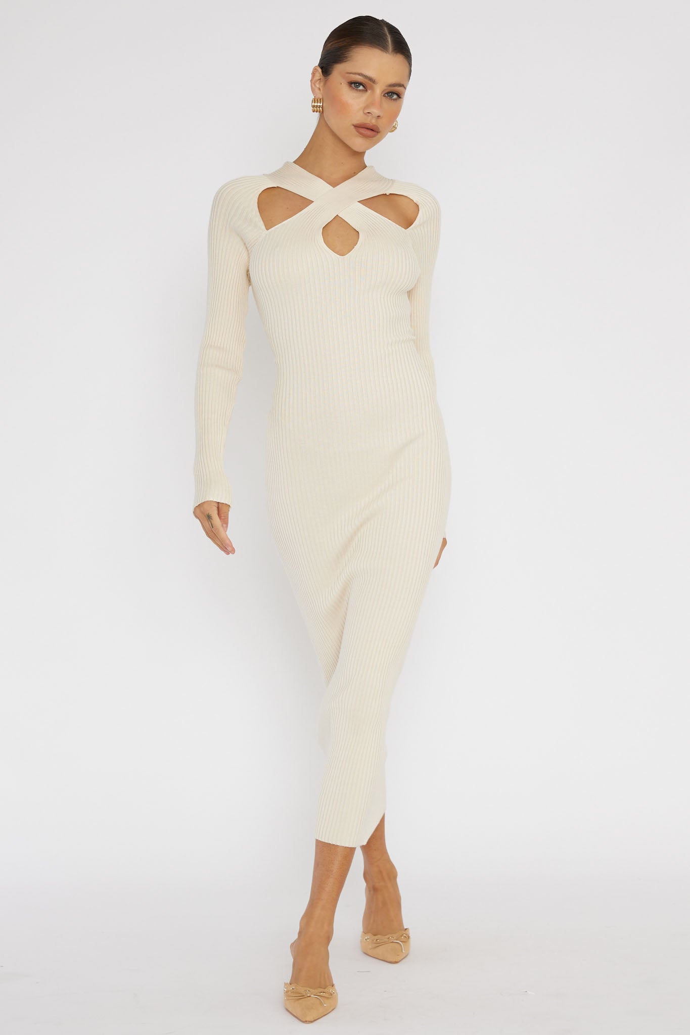 One Mind Cut-Out Neckline Knit Midi Dress Cream by Selfie Leslie Australia