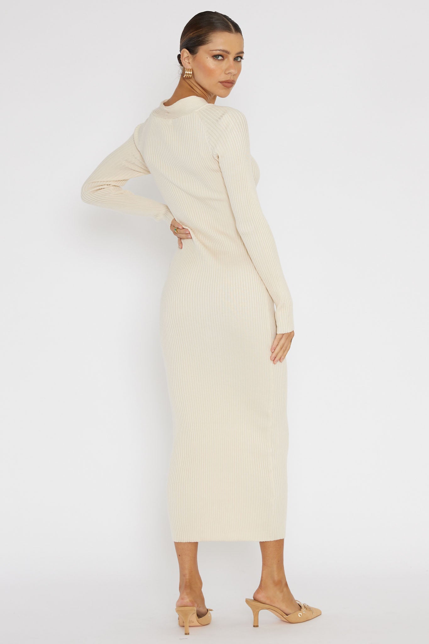One Mind Cut-Out Neckline Knit Midi Dress Cream by Selfie Leslie Australia