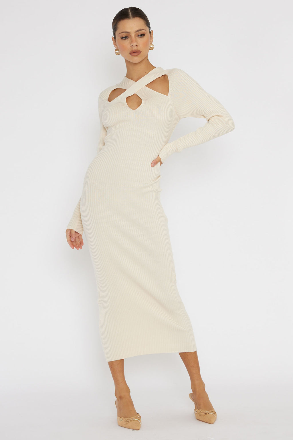 One Mind Cut-Out Neckline Knit Midi Dress Cream by Selfie Leslie Australia