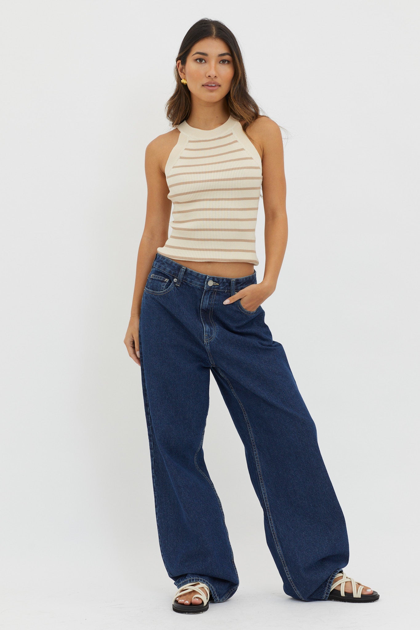 Made It Ribbed Knit Top Stripe Beige by Selfie Leslie Australia