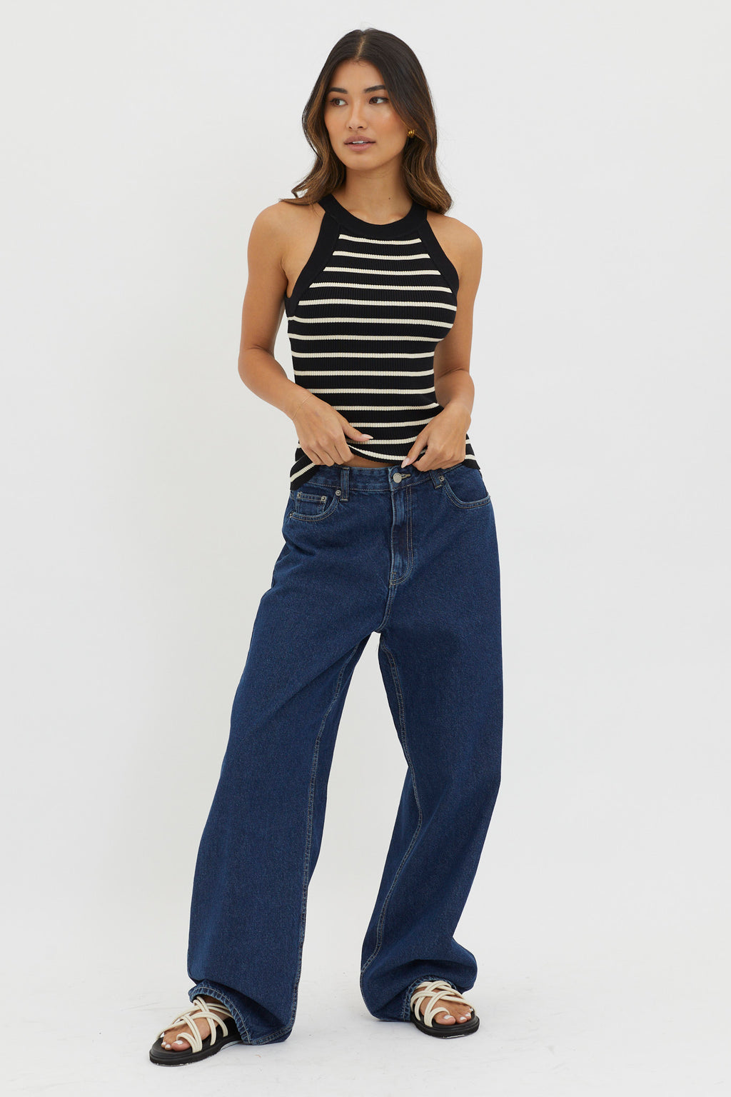 Made It Ribbed Knit Top Stripe Black by Selfie Leslie Australia
