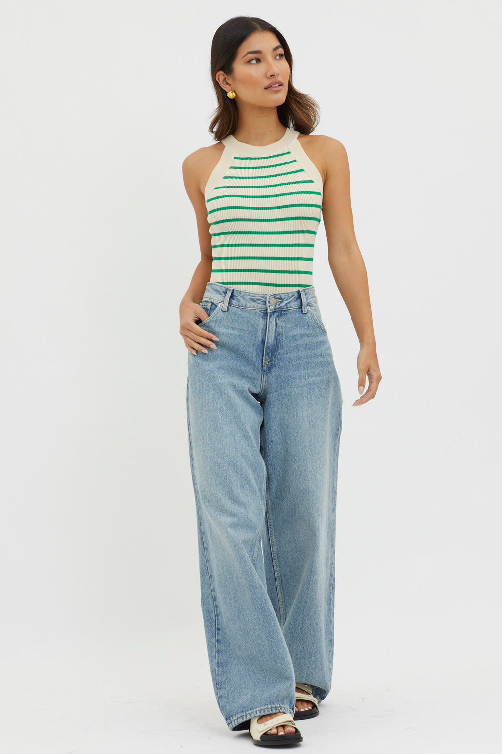 Made It Ribbed Knit Top Stripe Green by Selfie Leslie Australia
