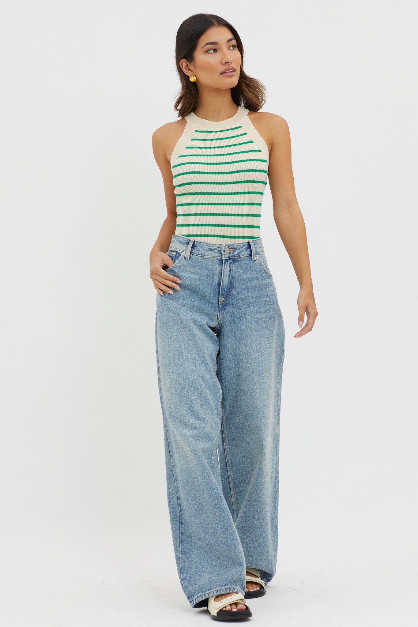 Made It Ribbed Knit Top Stripe Green by Selfie Leslie Australia