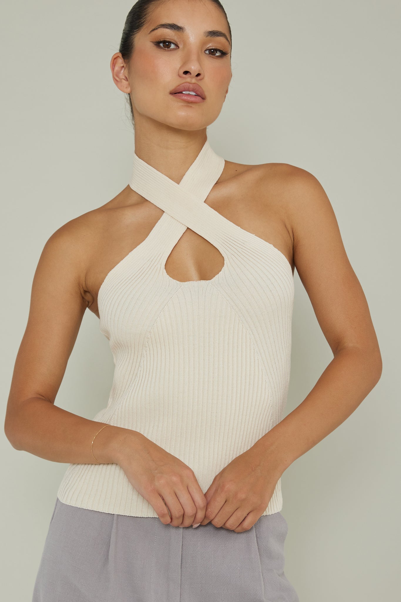Lou Cut-Out Halter Top Cream by Selfie Leslie Australia