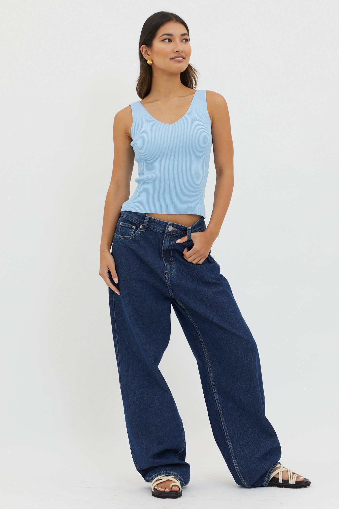 Off-Duty V-Neck Ribbed Knit Top Baby Blue by Selfie Leslie Australia