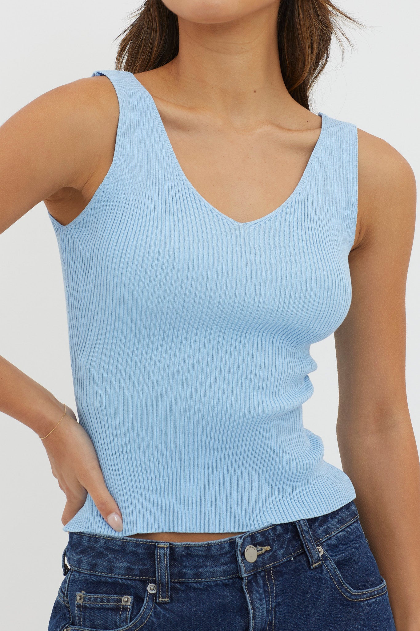 Off-Duty V-Neck Ribbed Knit Top Baby Blue by Selfie Leslie Australia