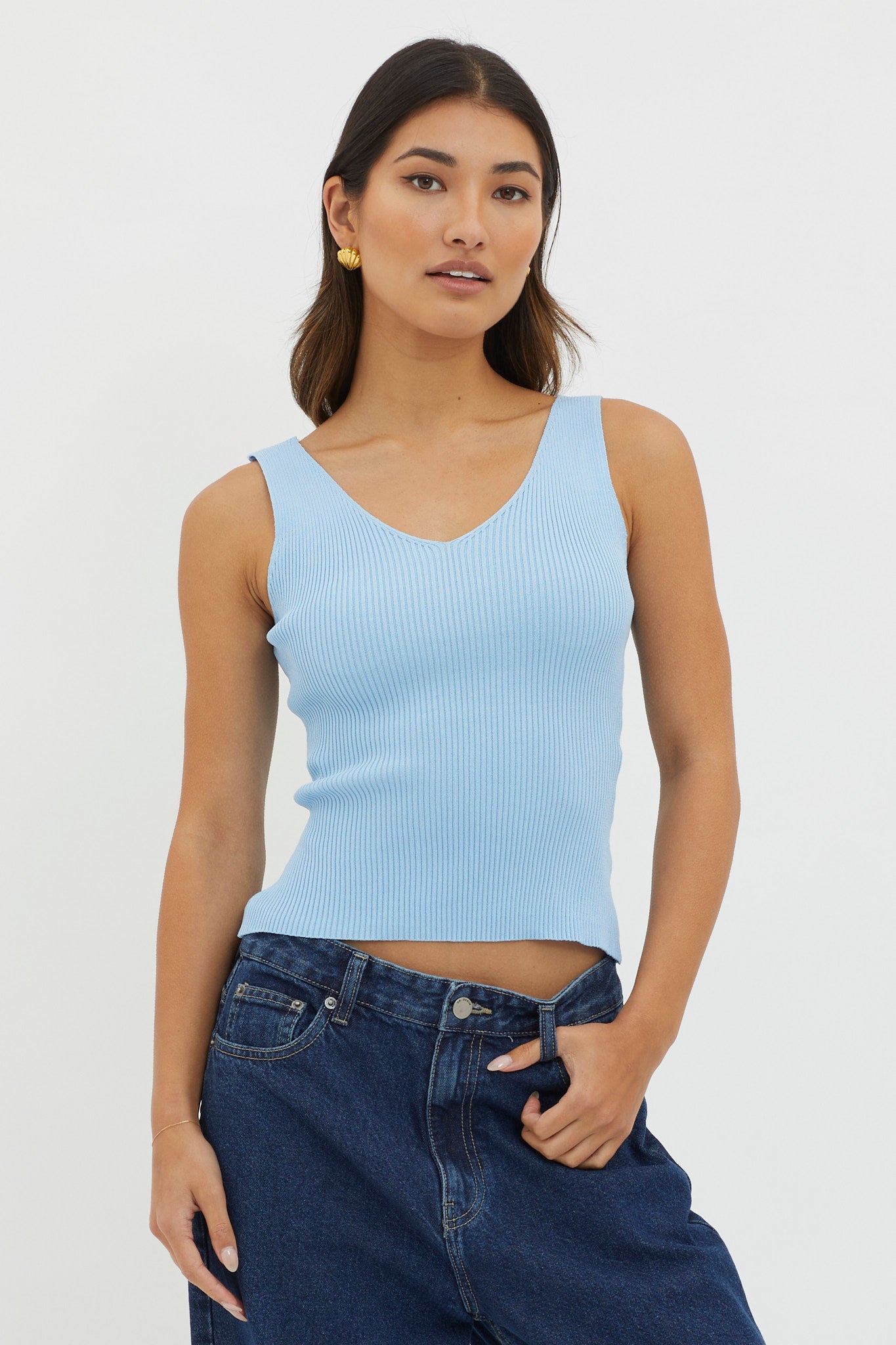 Off-Duty V-Neck Ribbed Knit Top Baby Blue by Selfie Leslie Australia