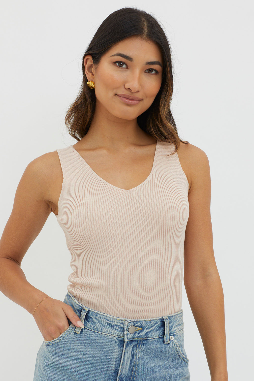 Off-Duty V-Neck Ribbed Knit Top Beige by Selfie Leslie Australia