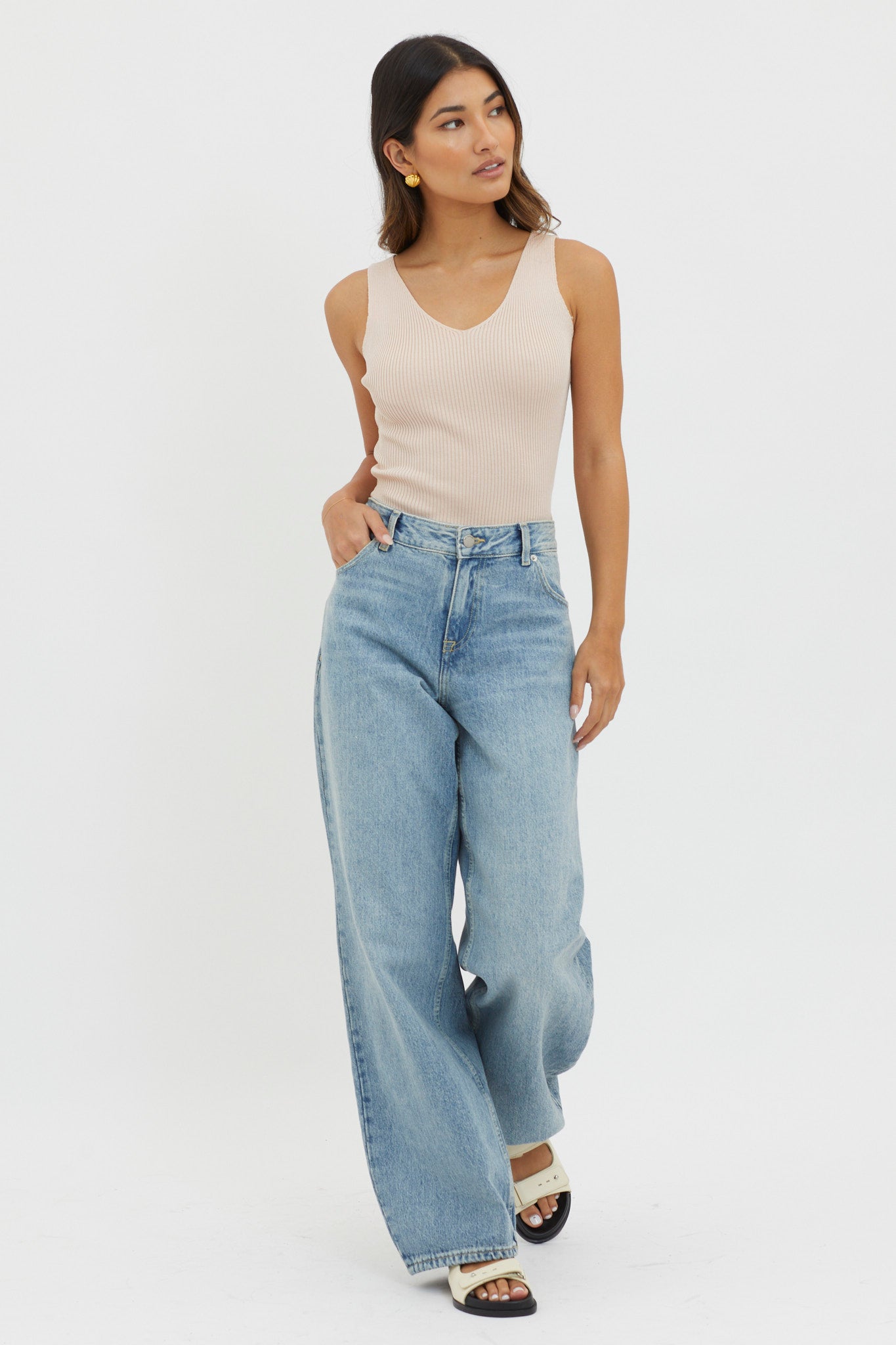 Off-Duty V-Neck Ribbed Knit Top Beige by Selfie Leslie Australia