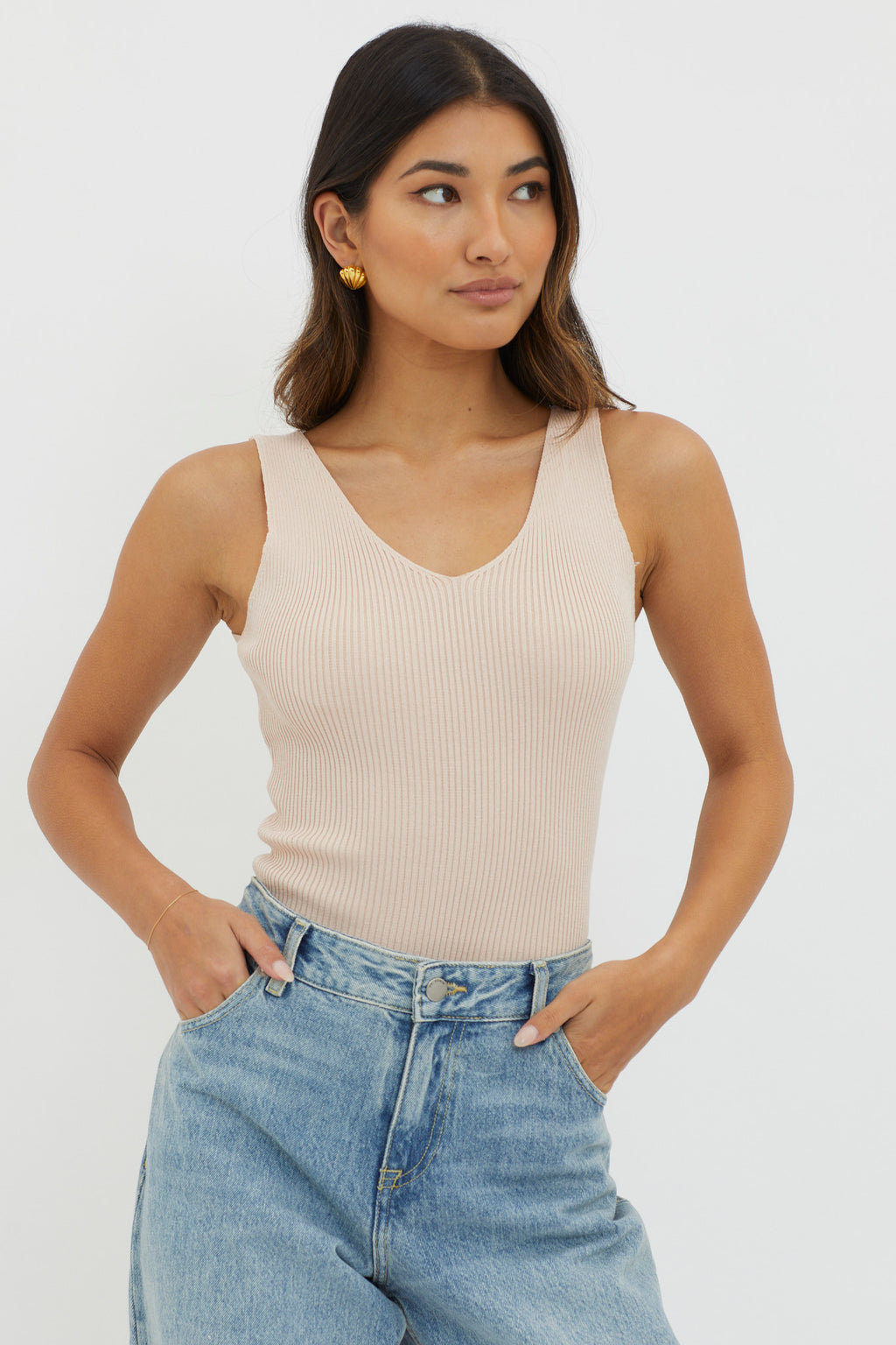 Off-Duty V-Neck Ribbed Knit Top Beige by Selfie Leslie Australia