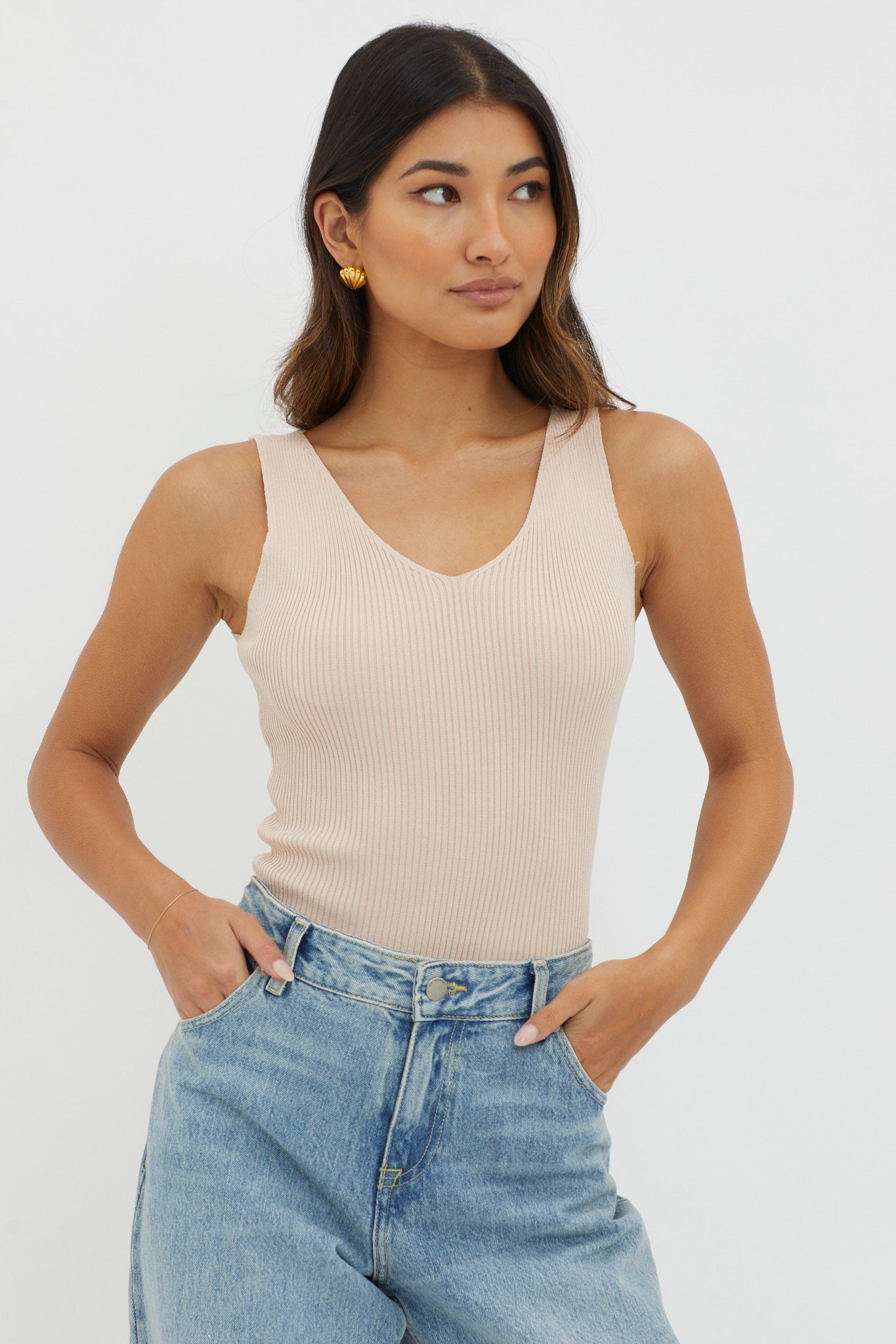 Off-Duty V-Neck Ribbed Knit Top Beige by Selfie Leslie Australia